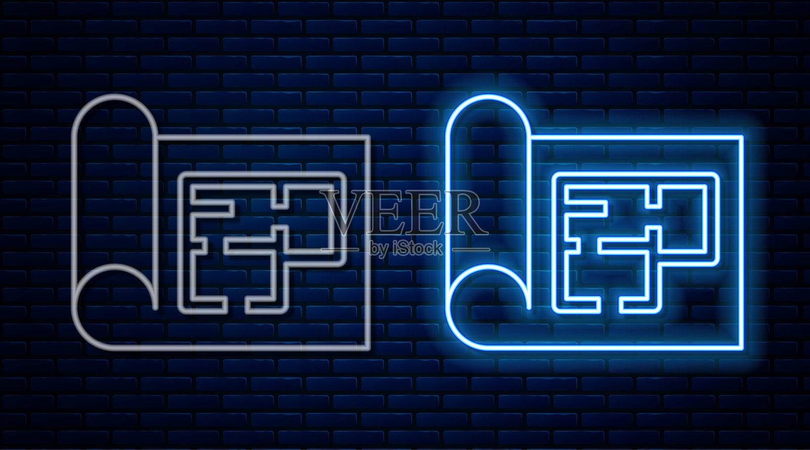 发光的霓虹线房屋平面图图标，背景为砖墙。插画图片素材