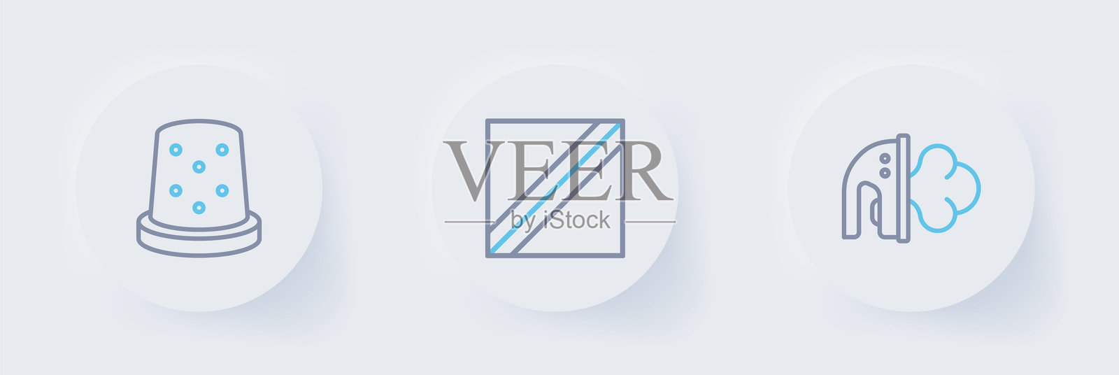 电熨斗、纺织面料卷和缝纫用顶针图标。矢量图。插画图片素材