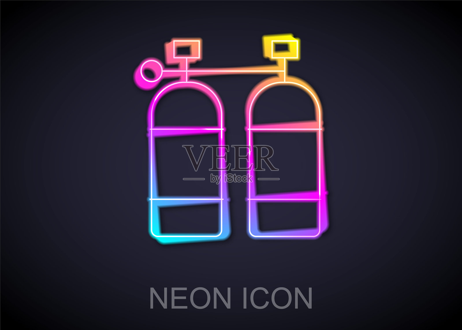 发光的霓虹线条潜水器图标，背景为黑色。潜水员的氧气罐。潜水设备。极限运动。水下潜水设备。矢量图。插画图片素材