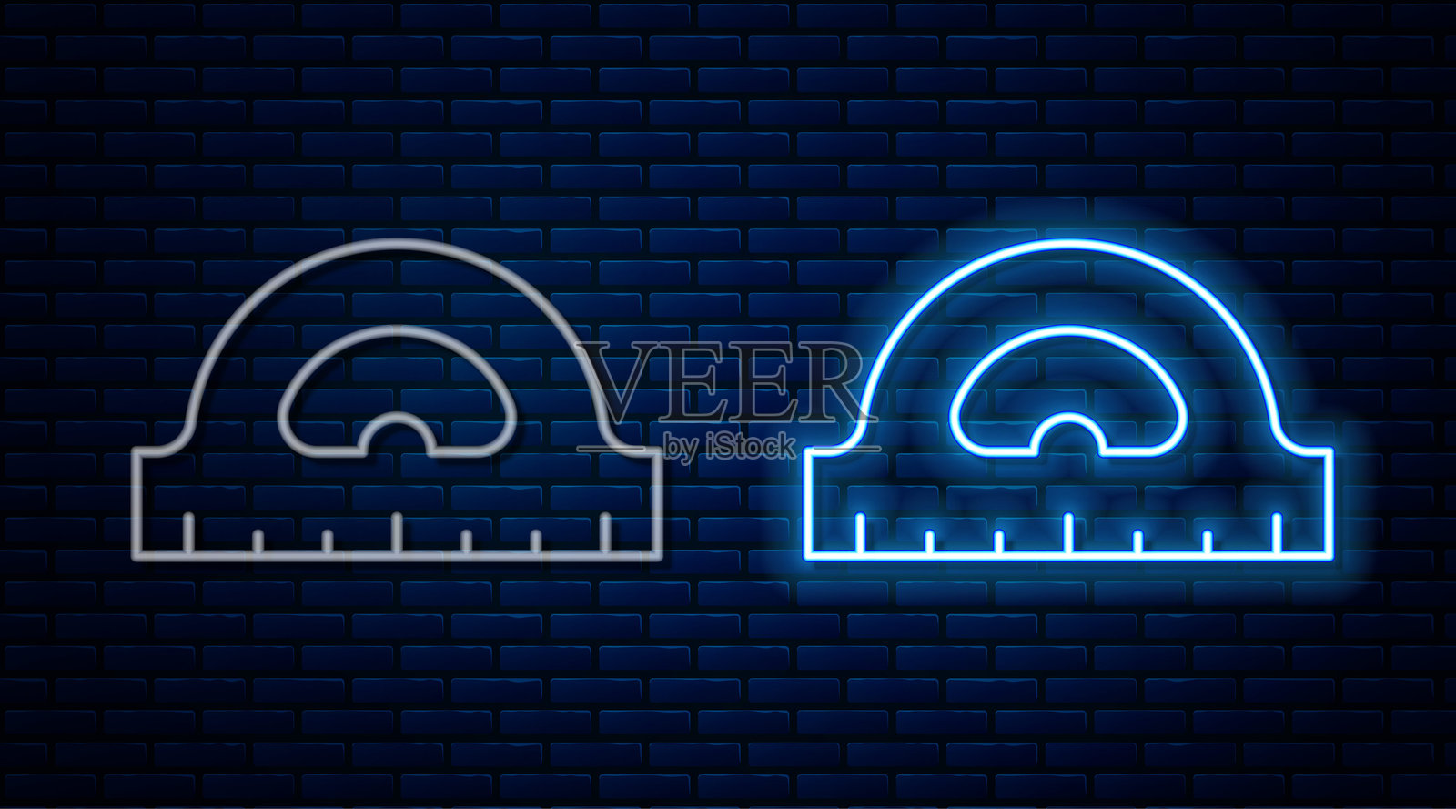 发光的霓虹线角度计网格，用于测量度数的图标，背景为砖墙。倾斜角度计。测量工具。几何符号。矢量图。插画图片素材