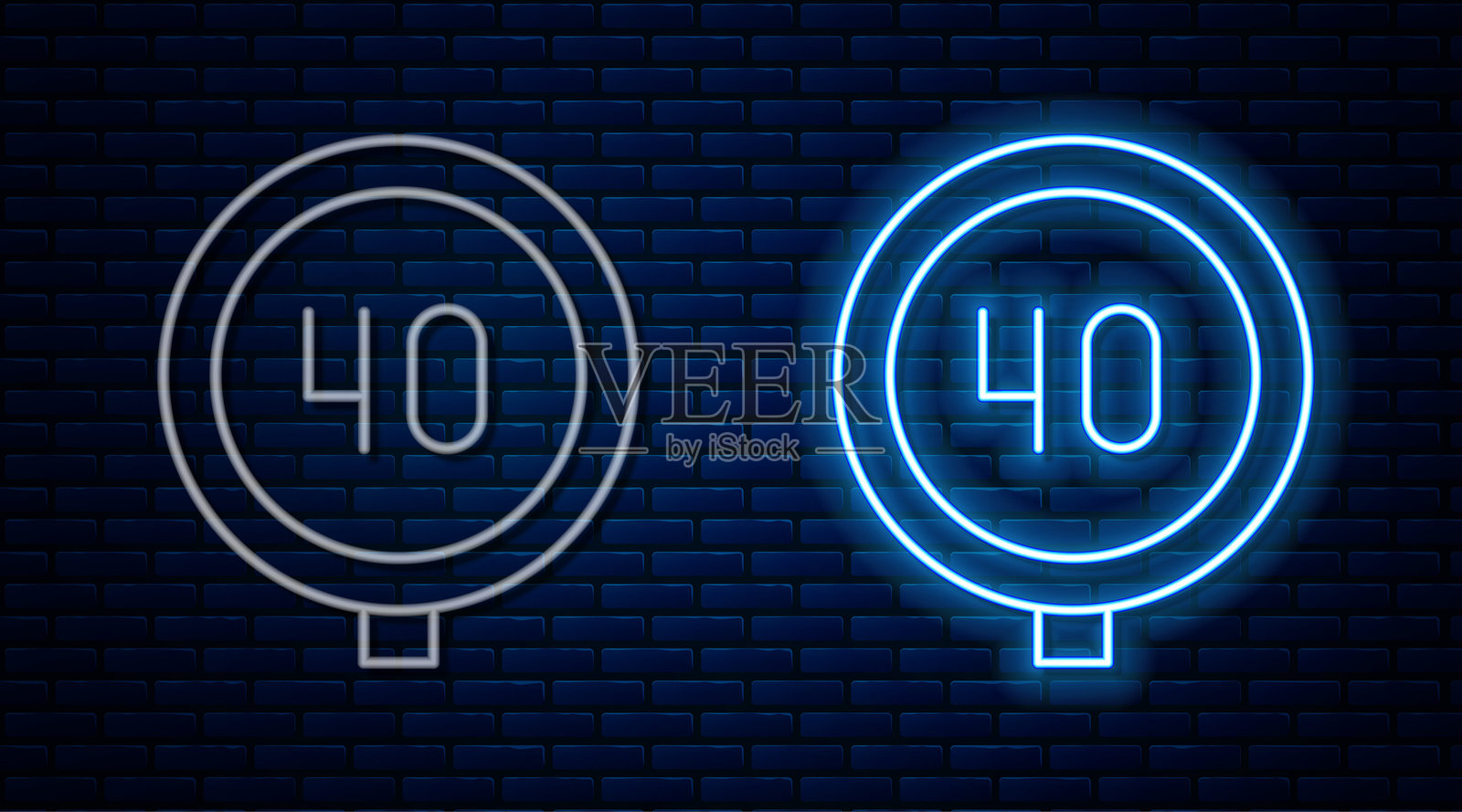 发光的霓虹线速度限制交通标志40公里图标，背景为砖墙。插画图片素材