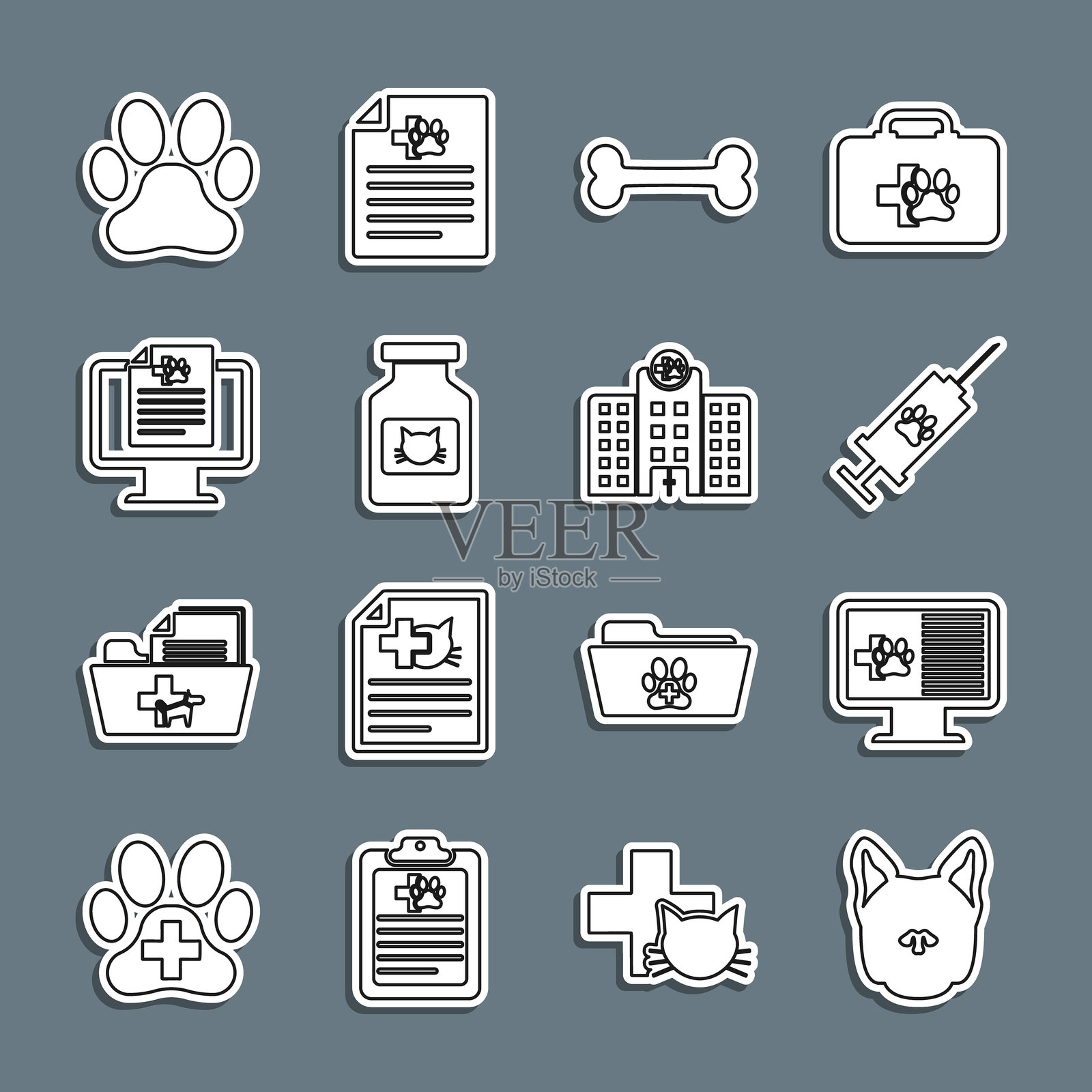设置线条狗，临床记录宠物在监视器上，注射器与疫苗，骨头，猫药瓶，爪印和兽医医院图标。矢量图。插画图片素材