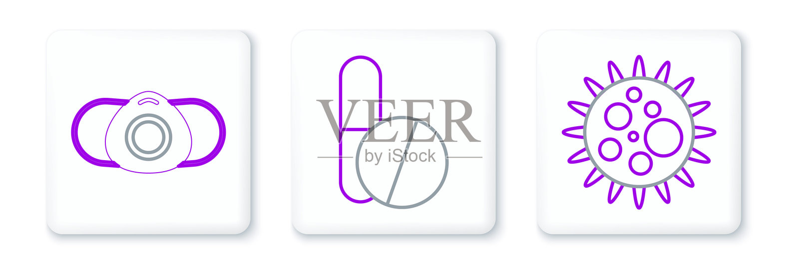 病毒、医用防护口罩和药丸或药片图标。矢量图。插画图片素材