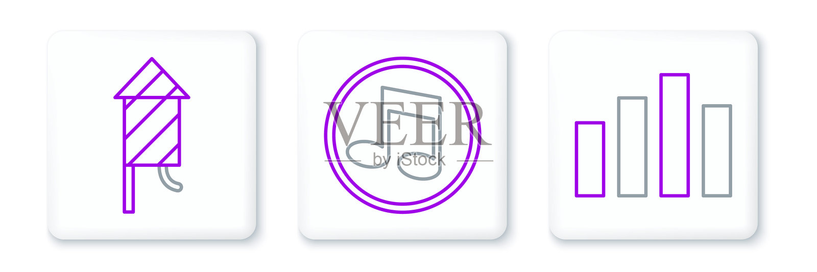 音乐均衡器、烟花火箭和音符、音调图标。矢量图。插画图片素材