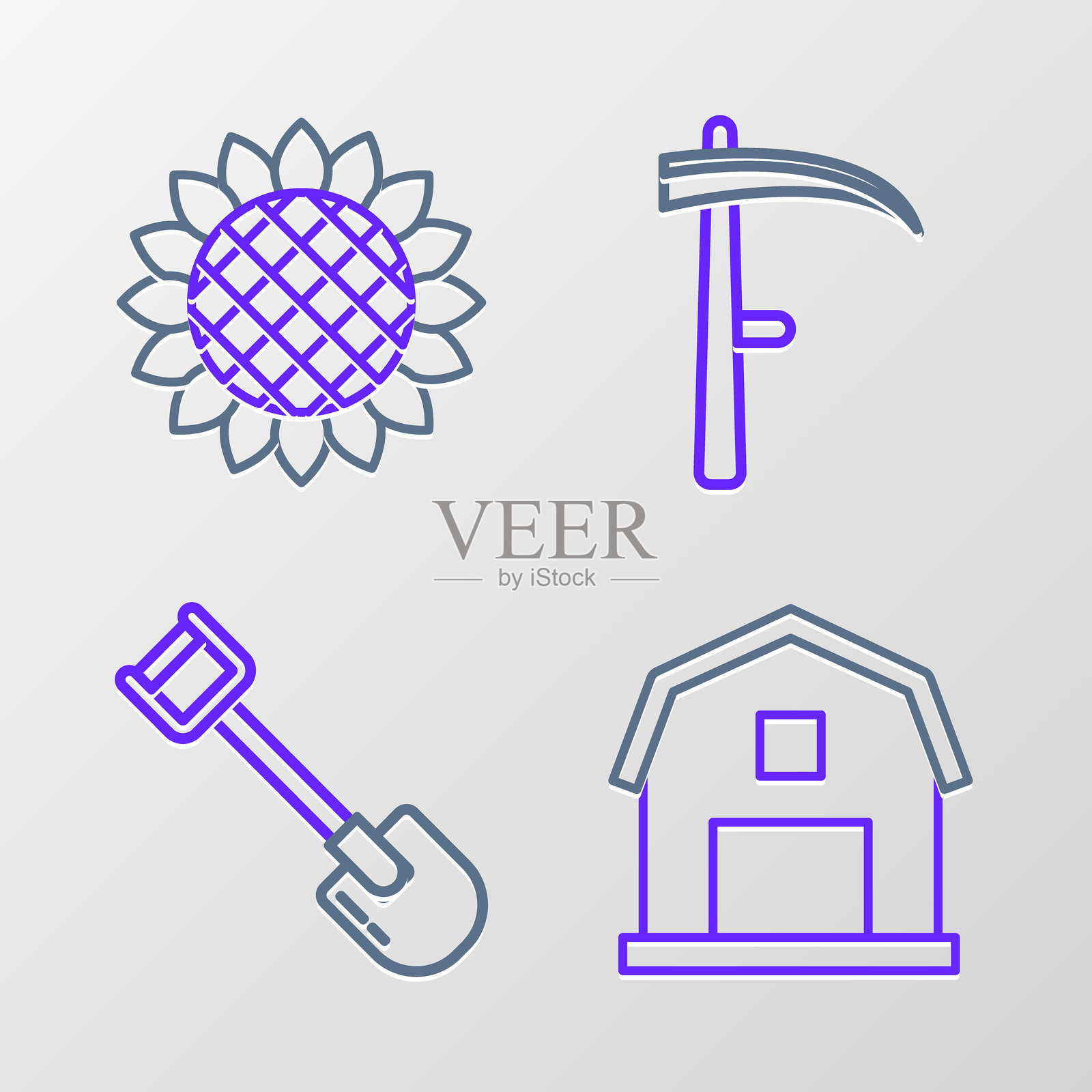 农舍概念，铲子，镰刀和向日葵图标。矢量图。插画图片素材