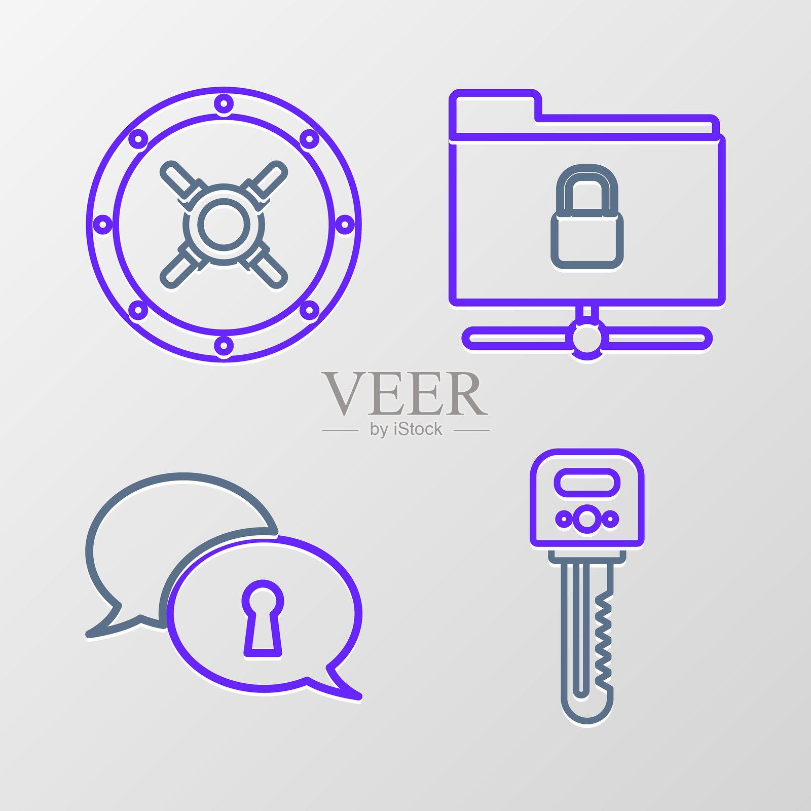 设置线条关键，个人数据保护，FTP文件夹和锁与安全图标。矢量图。插画图片素材