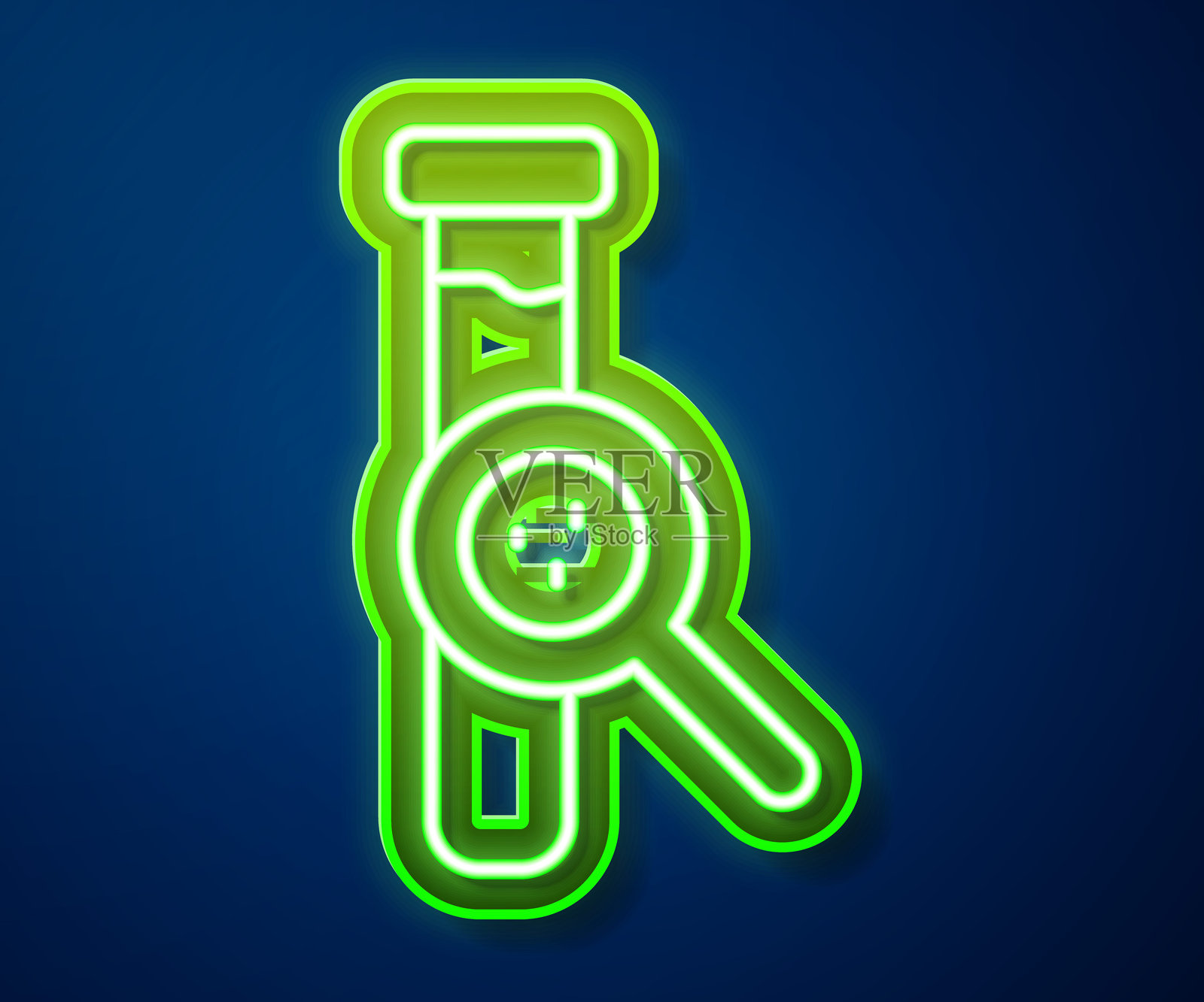 发光的霓虹线试管和烧瓶化学实验室测试图标，背景为蓝色。实验室玻璃器皿标志。矢量图。插画图片素材