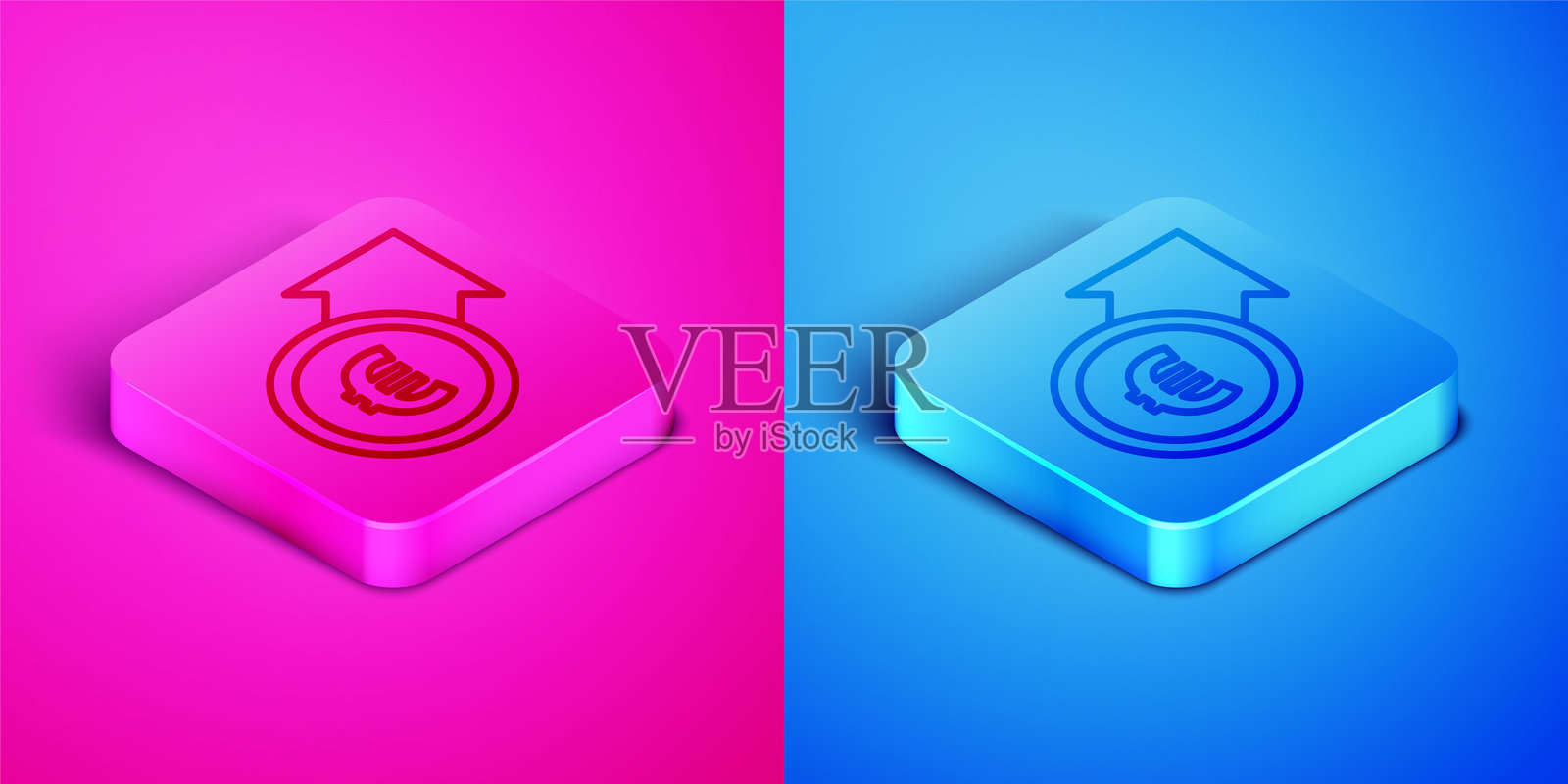 等距线条的金融增长和欧元硬币图标，背景为粉色和蓝色。收入增长。方形按钮。矢量图。插画图片素材