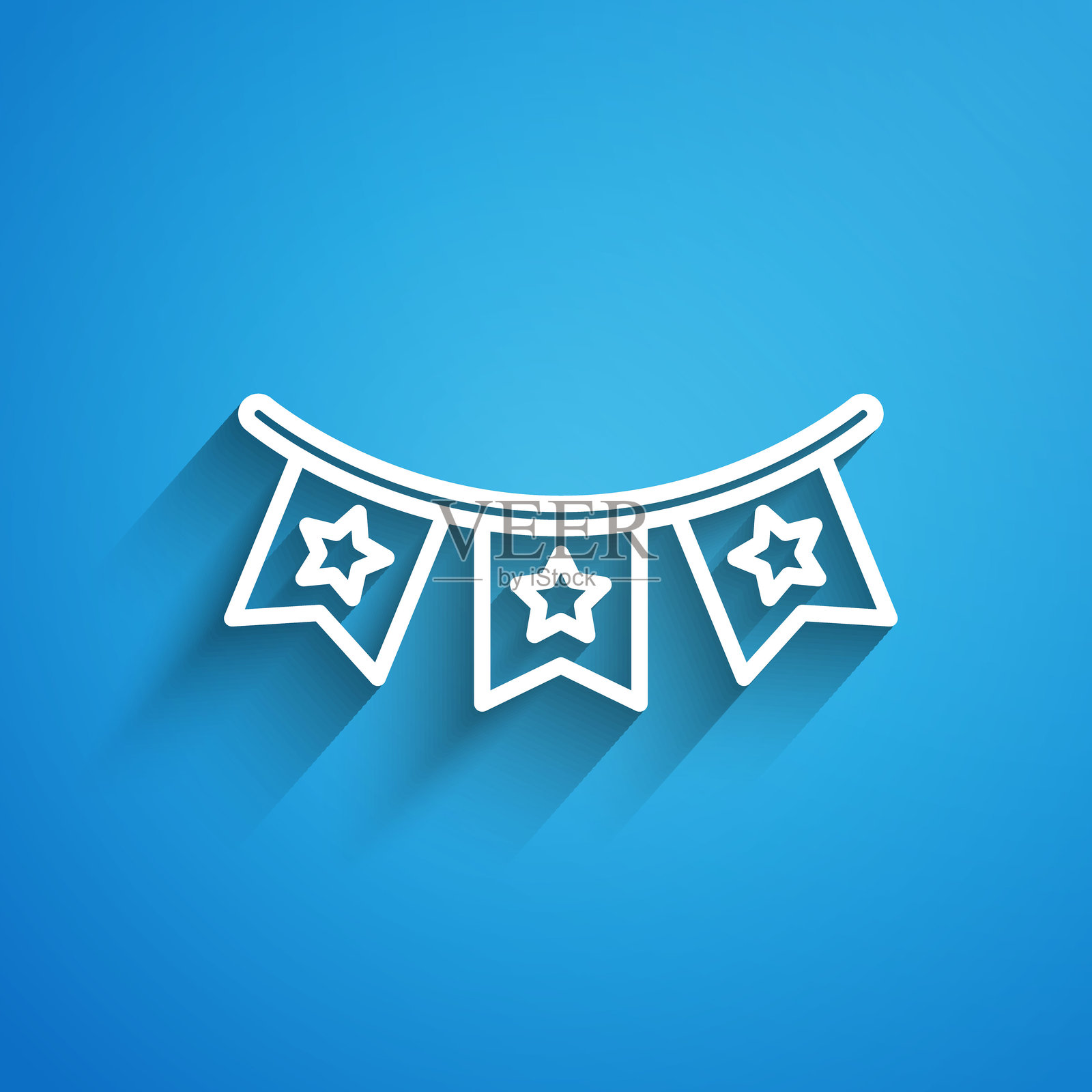 白色线条的嘉年华彩旗图标，背景为蓝色。用于生日庆祝和节日装饰的派对彩旗。长阴影效果。矢量图。插画图片素材