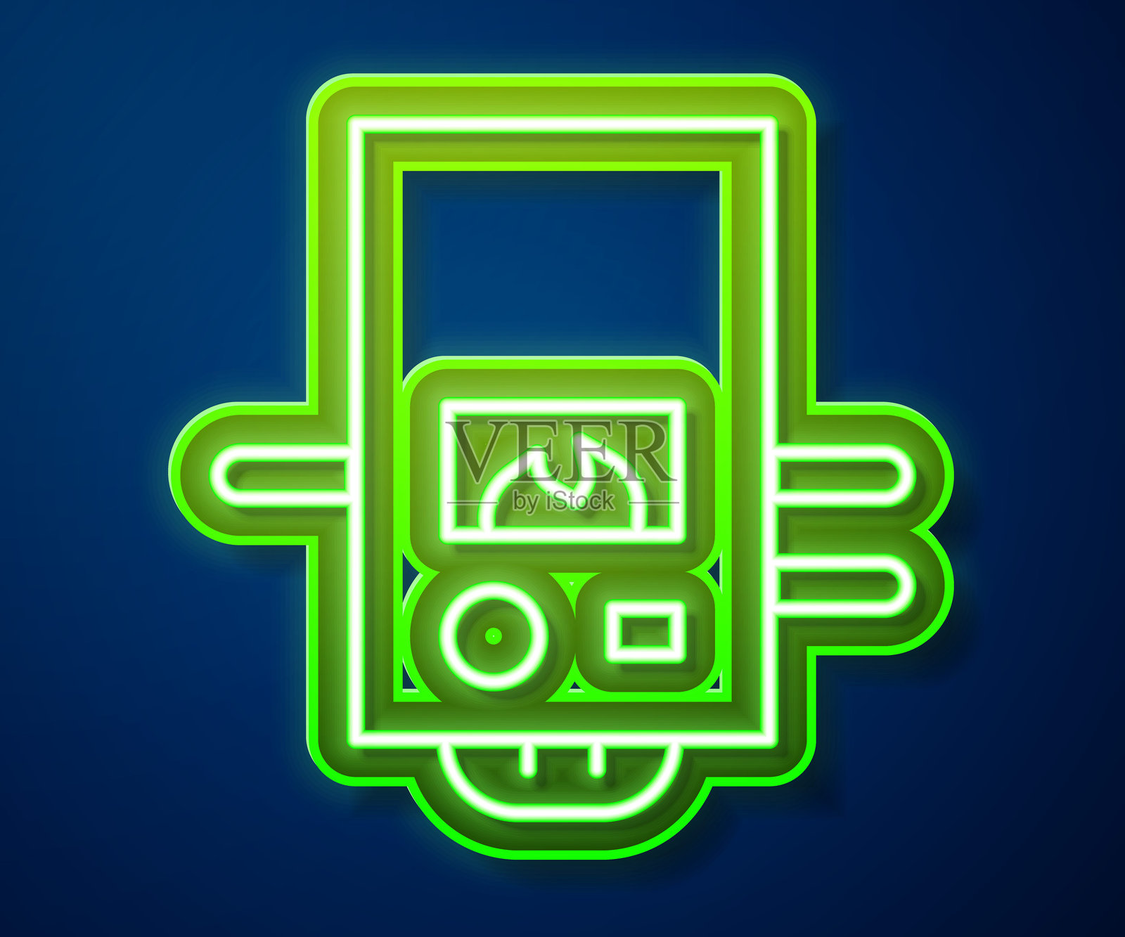 发光的霓虹线燃气锅炉与燃烧火焰图标，背景为蓝色。矢量图。插画图片素材