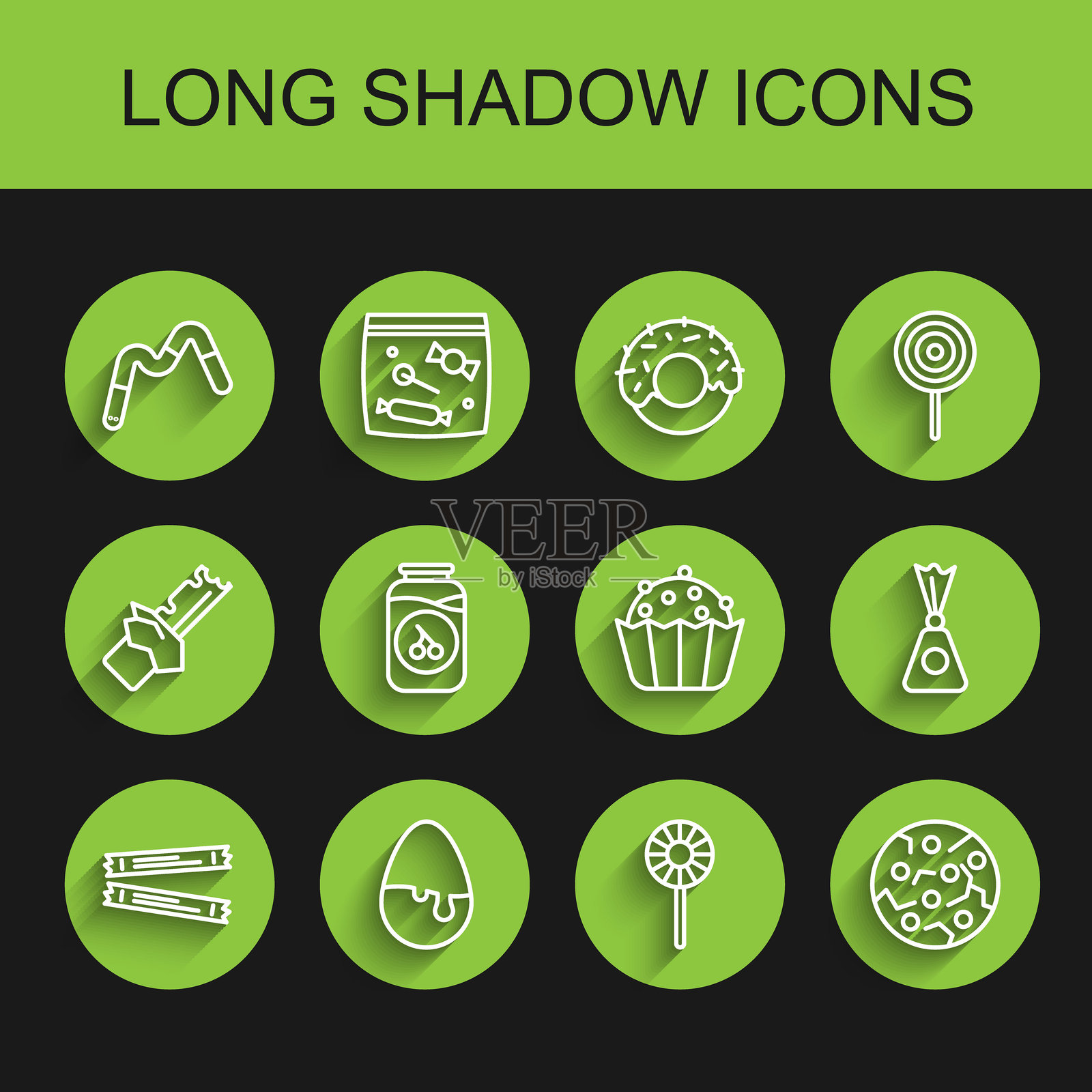 糖果棒包装、巧克力蛋、果冻虫糖、棒棒糖、饼干、樱桃果酱罐、糖果和杯子蛋糕图标。矢量图。插画图片素材