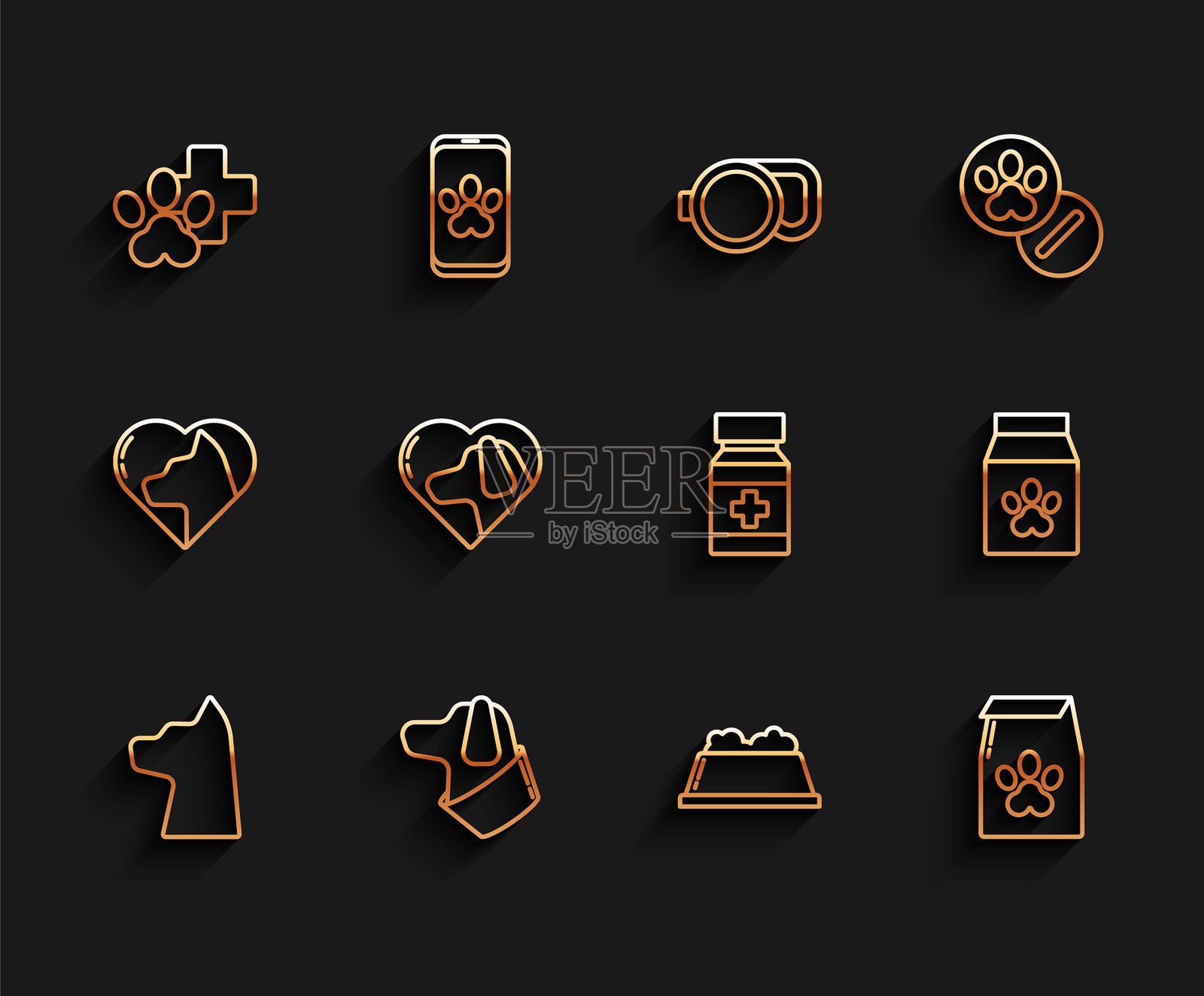 猫、狗、兽医诊所符号、宠物食物碗、宠物食品袋、带狗的心形图案以及药瓶和药丸图标。矢量图。插画图片素材