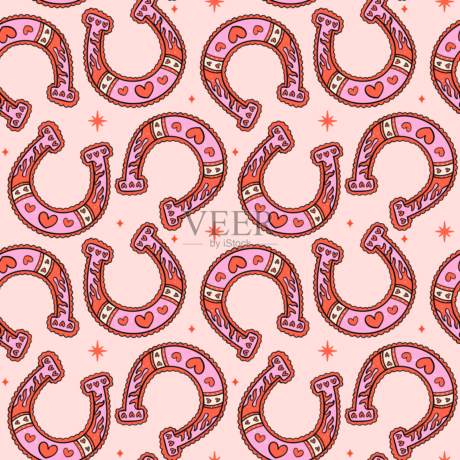 复古情人节无缝图案，牛仔马蹄铁，背景独立插画图片素材