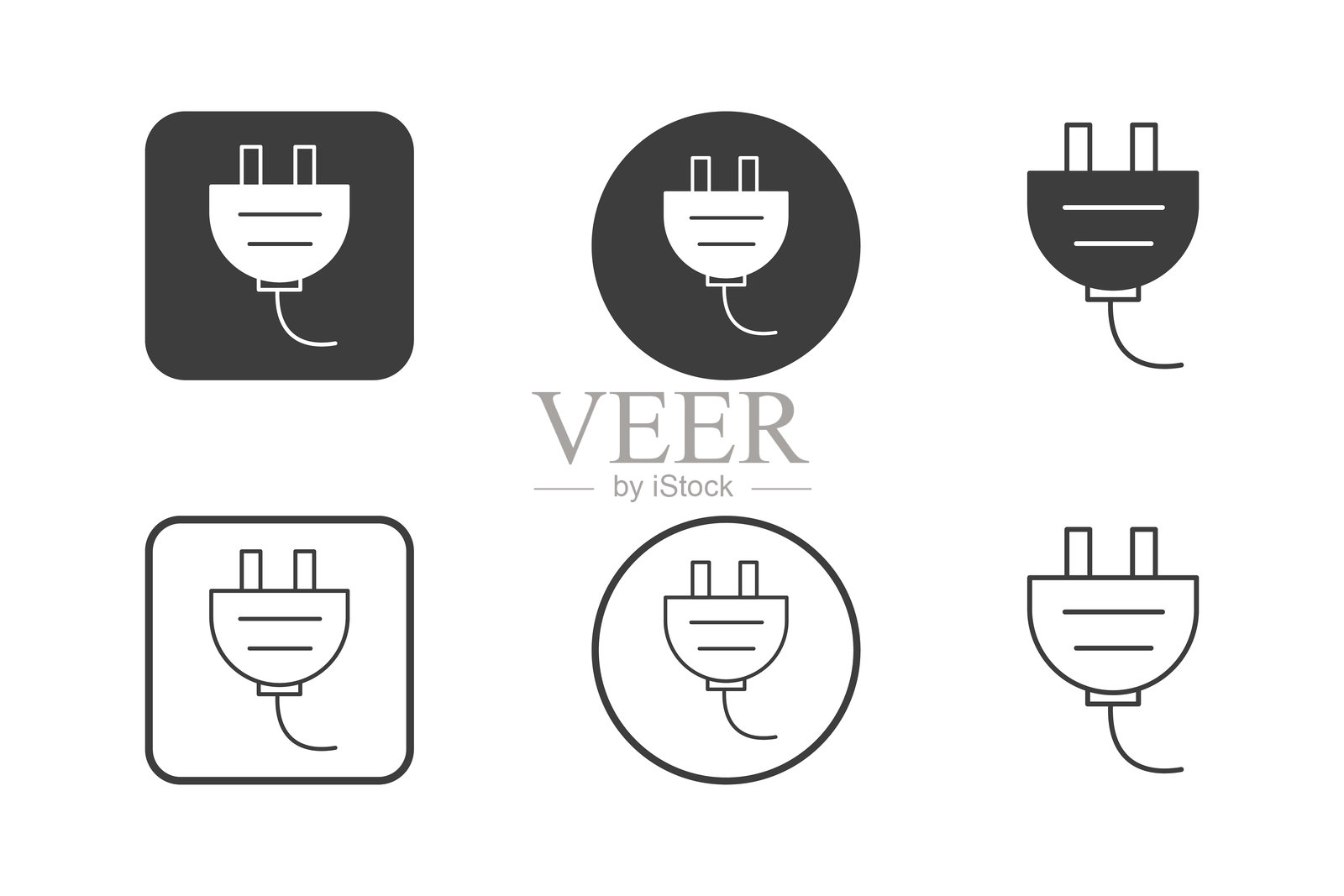 电源插头图标设计6种变体。电子硬件图标集合。背景为白色。插画图片素材