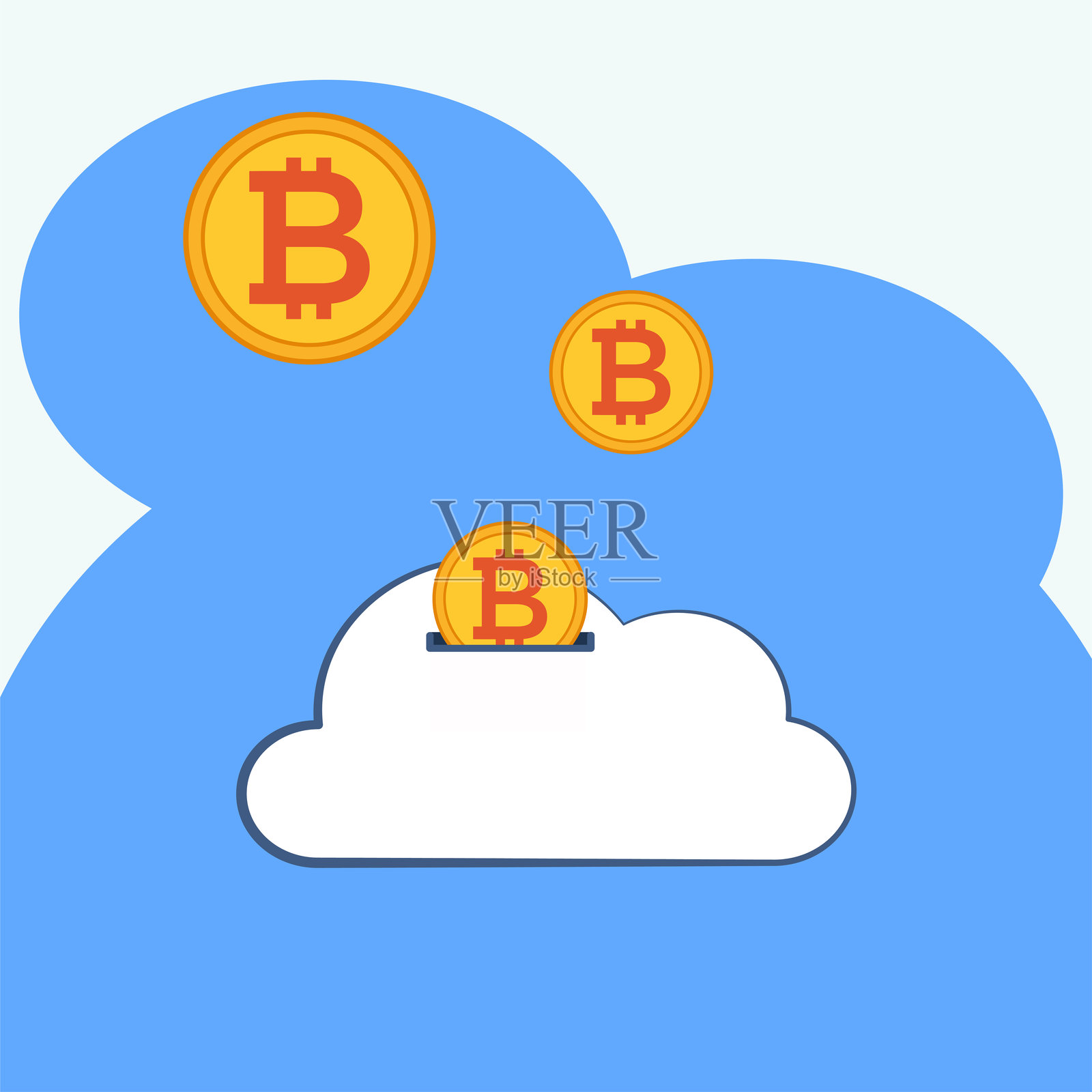 一幅插图，展示金色比特币硬币被存入白色云朵中。插画图片素材