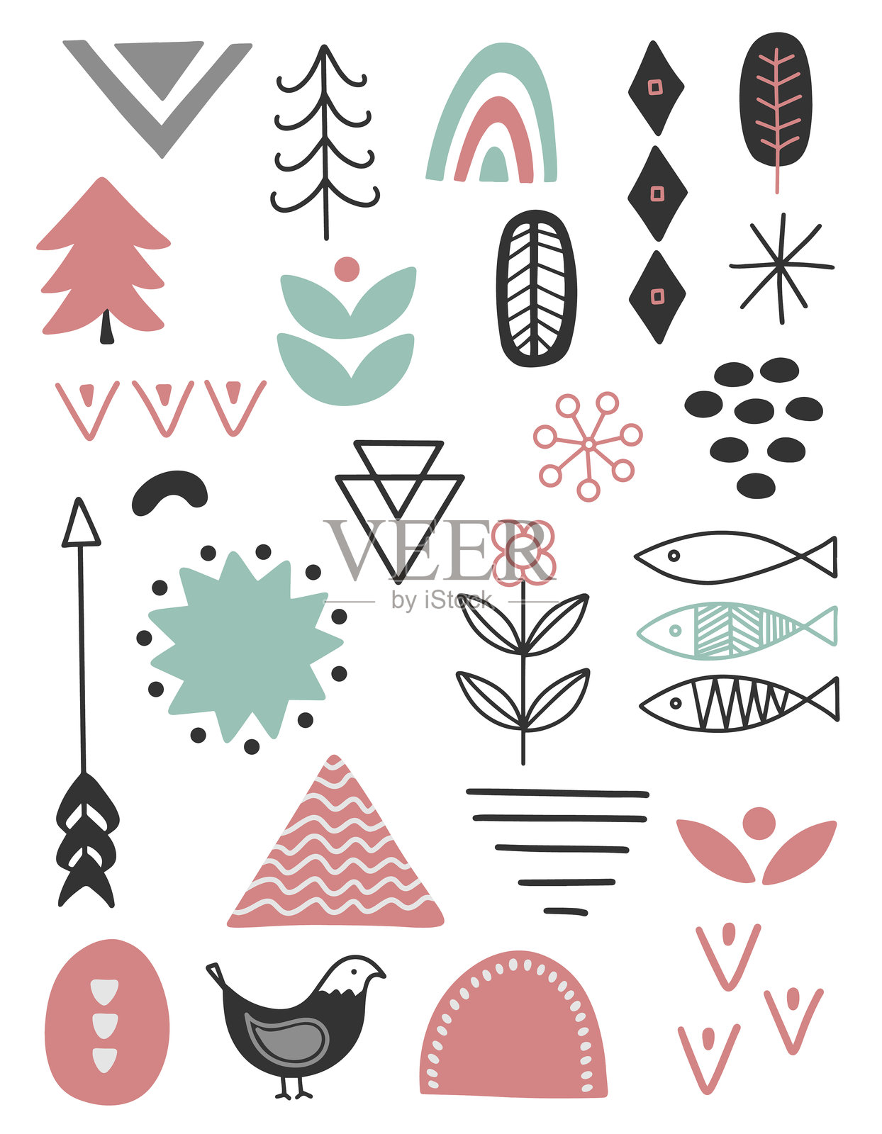 斯堪的纳维亚涂鸦元素。简单斯堪的纳维亚设计的抽象元素集合。插画图片素材