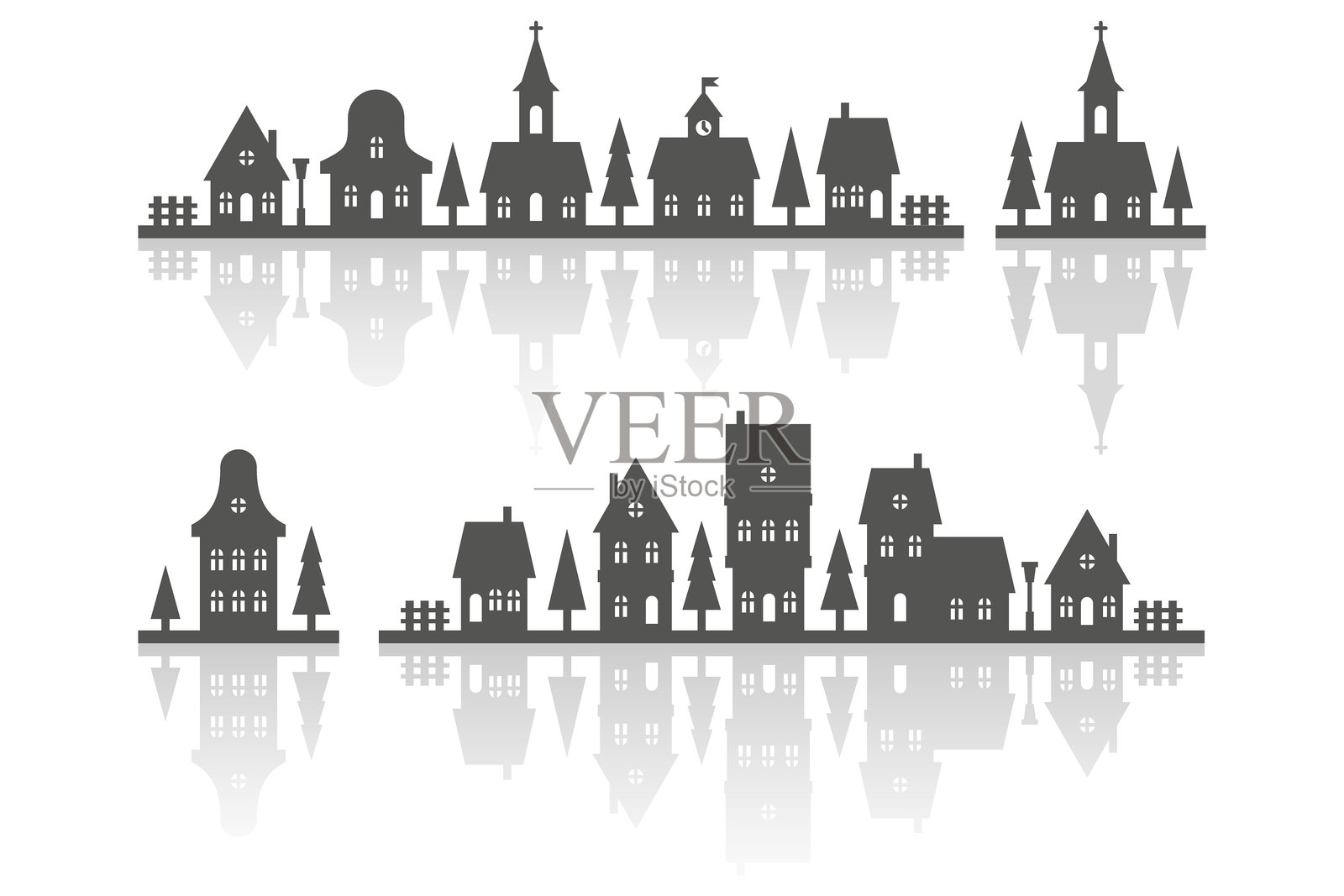 天际线上的房屋剪影。邻里矢量房屋行列，白色背景上的倒影。小黑色乡村小屋。带有教堂和树木的圣诞乡村风景。可爱的乡村。插画图片素材