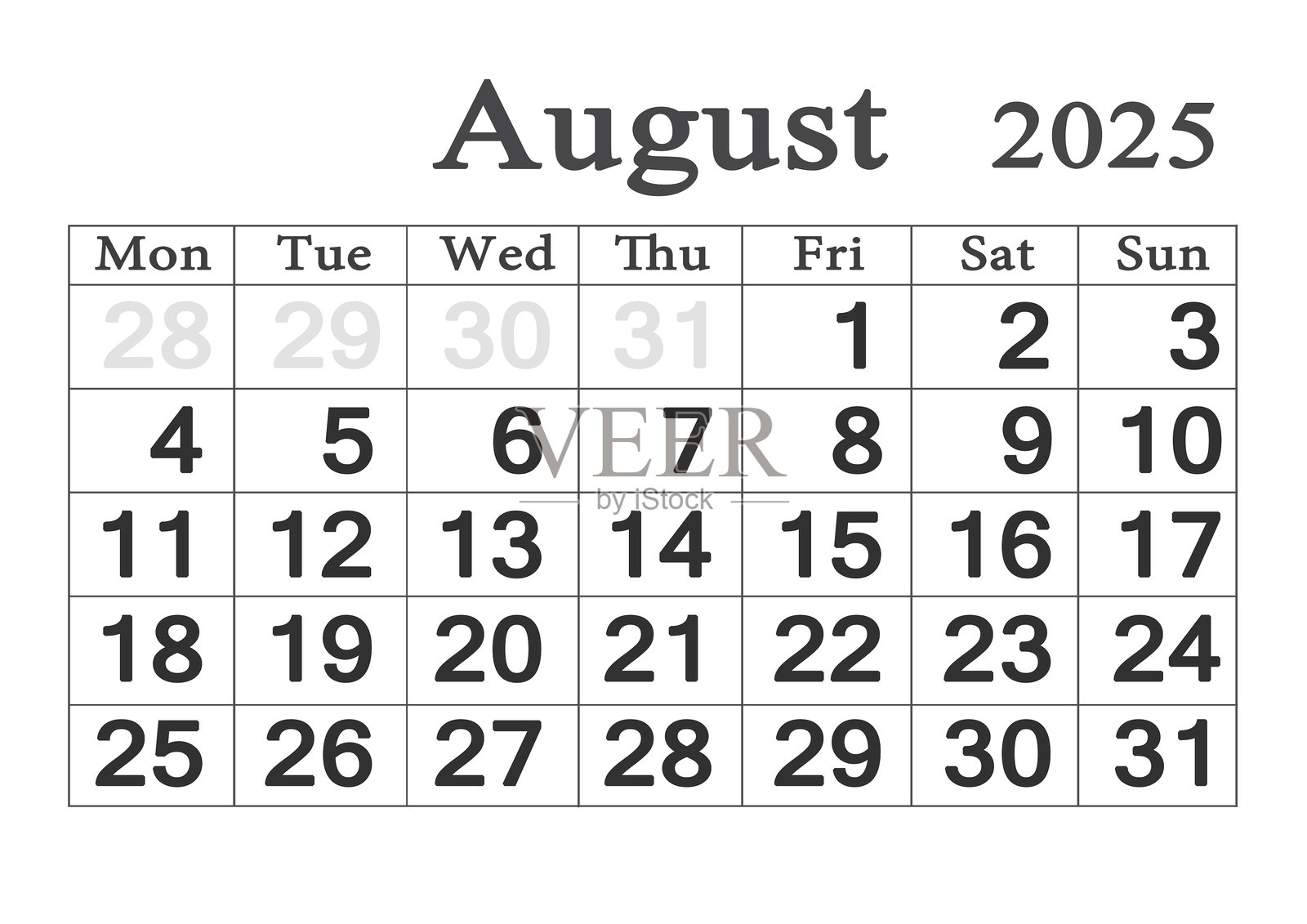 2025年8月的计划日历。月度组织者。2025年月度计划表。插画图片素材