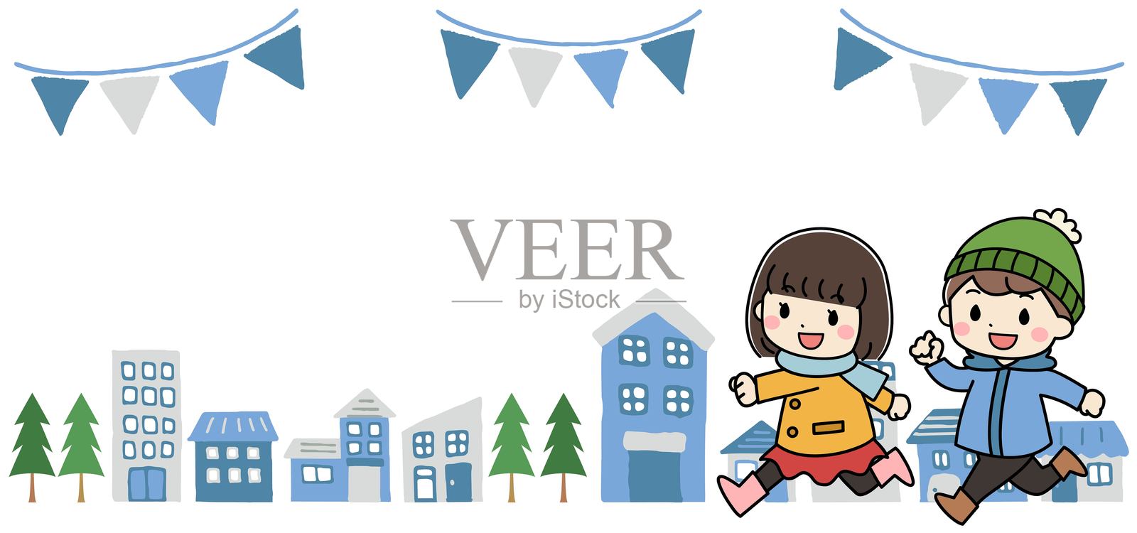 冬季儿童在城市中奔跑的插图插画图片素材