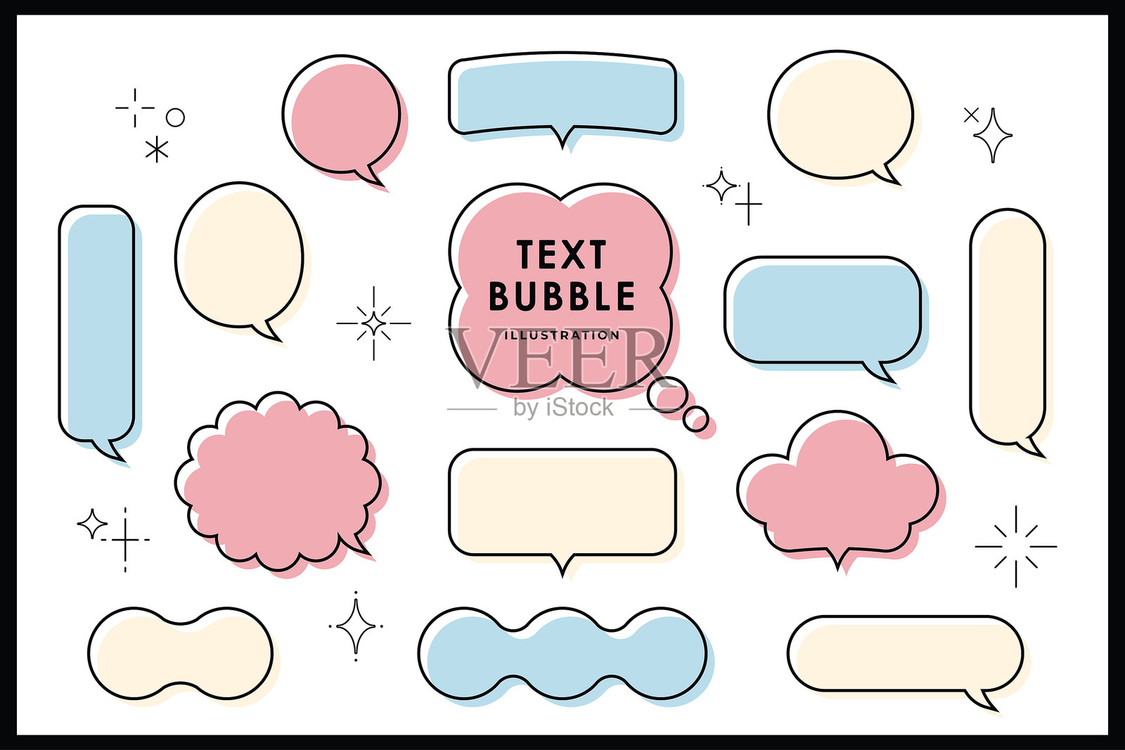 可爱的气泡插图集，带有框架元素，采用柔和的色调。对话框，思考框，云朵。8位风格。适用于游戏开发、移动应用、图形设计、社交媒体和剪贴簿制作。插画图片素材