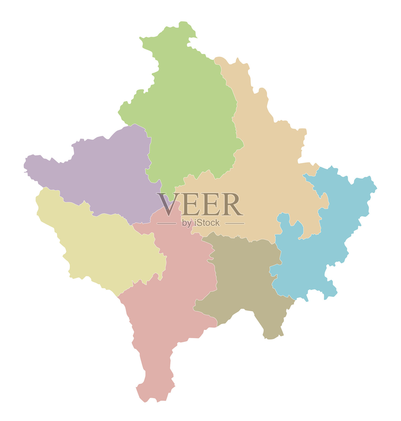 科索沃的区域空白矢量地图，包含区和行政区划。可编辑且标注清晰的图层。插画图片素材