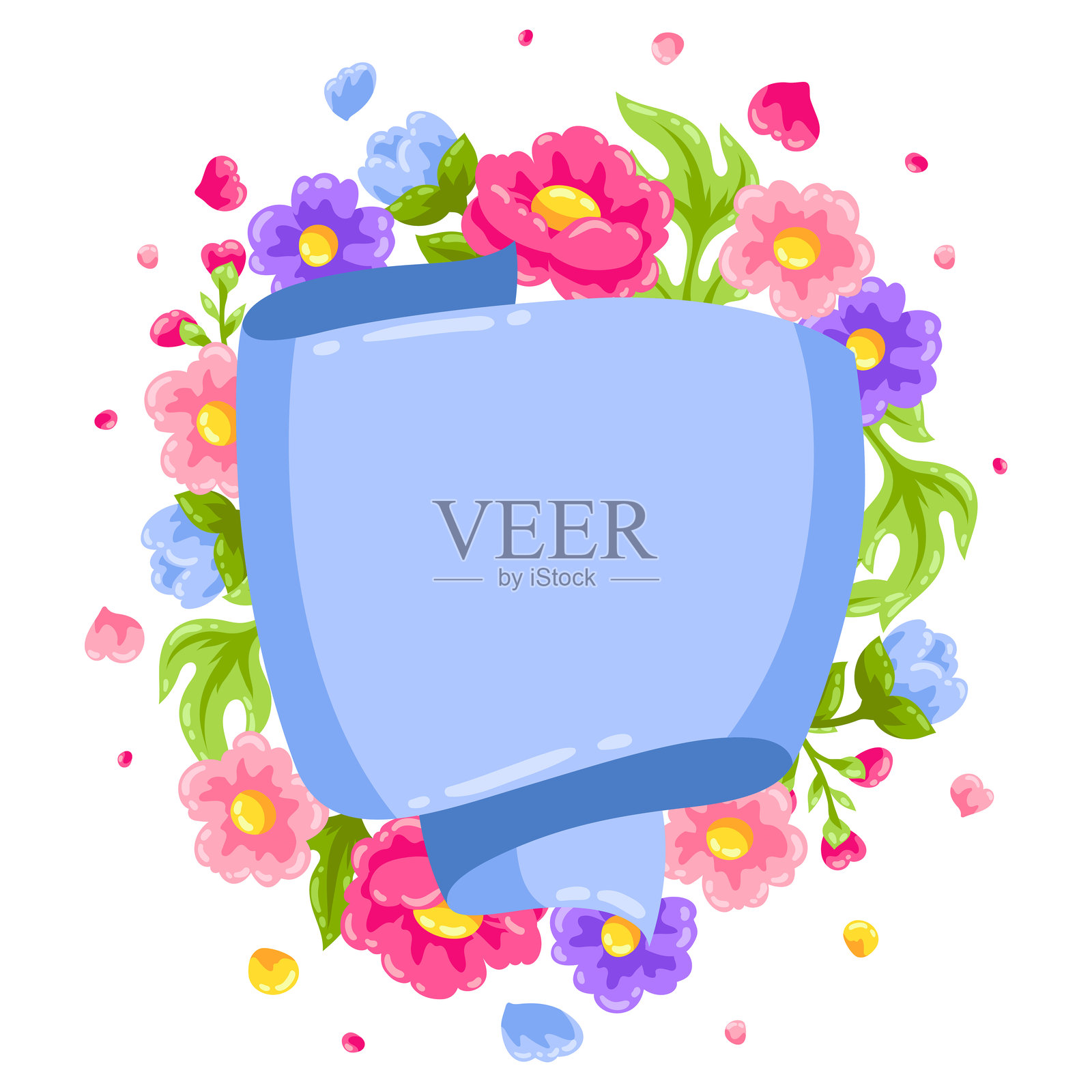 花卉和丝带背景。美丽的装饰性自然植物和叶子。插画图片素材