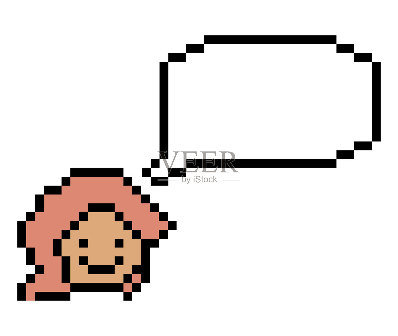 卡通像素可爱女性角色面孔，带有聊天框装饰，8位女性女孩说话讨论想法，聊天框卡通像素游戏矢量图。插画图片素材