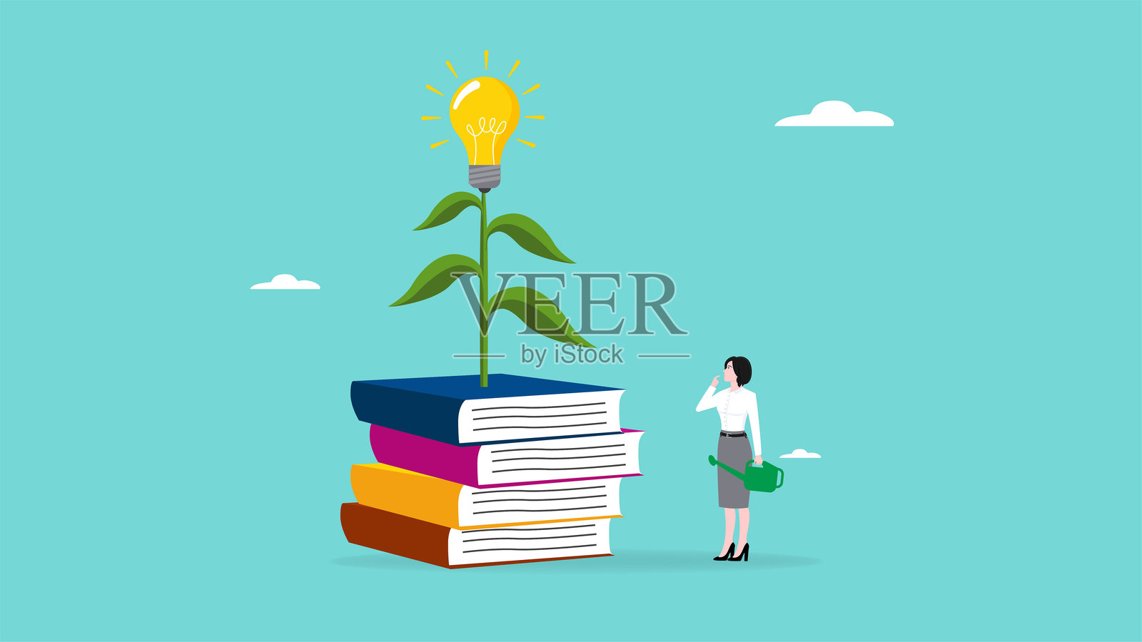 知识创造创造力。通过阅读书籍获得教育以发展技能。知识实现成功。年轻女商人与一堆书籍和灯泡植物的概念插图。插画图片素材