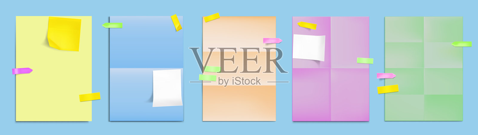 折叠的纸质文件与便利贴的组合插画图片素材