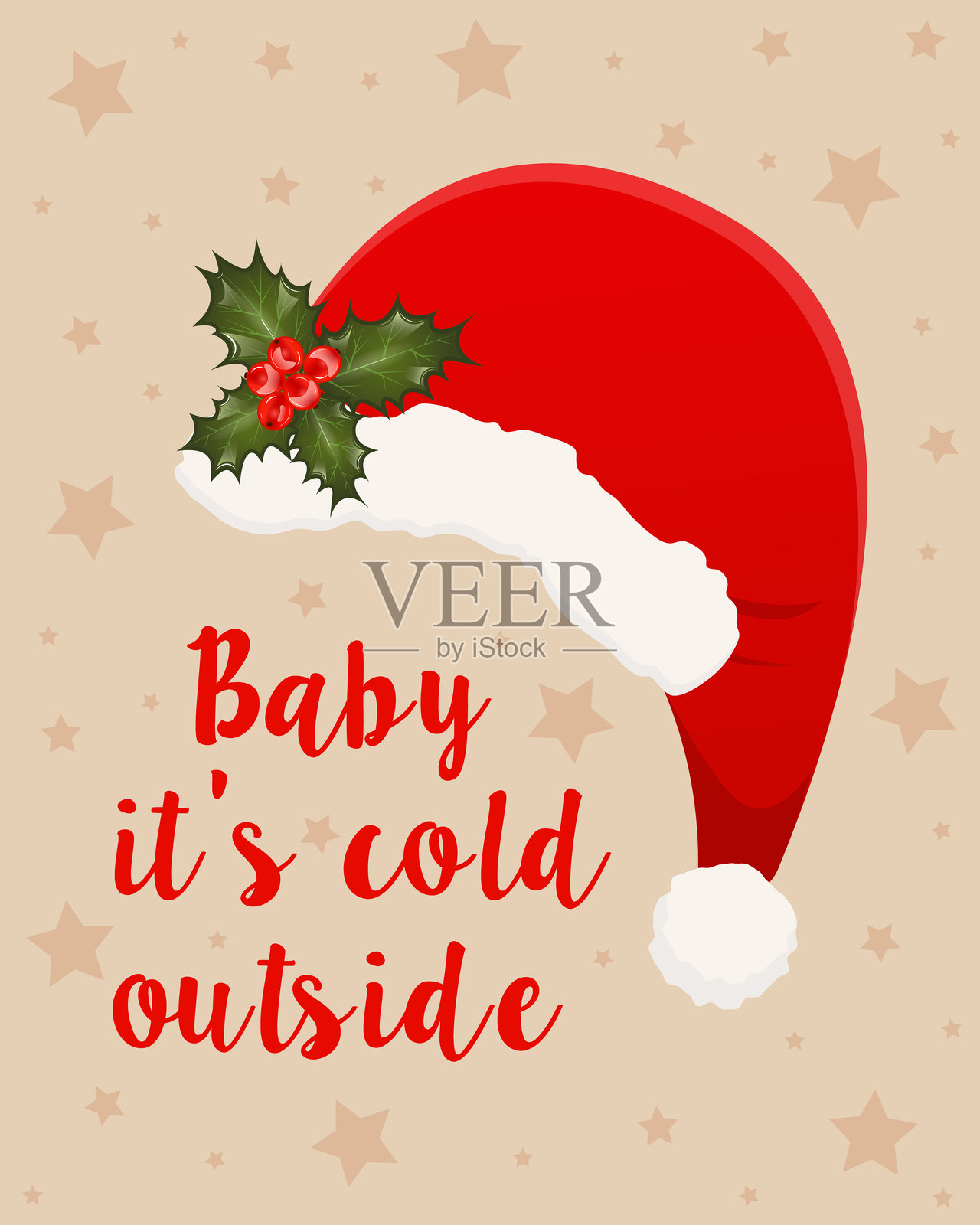 带红色圣诞老人帽子的贺卡。外面很冷。矢量插图。插画图片素材