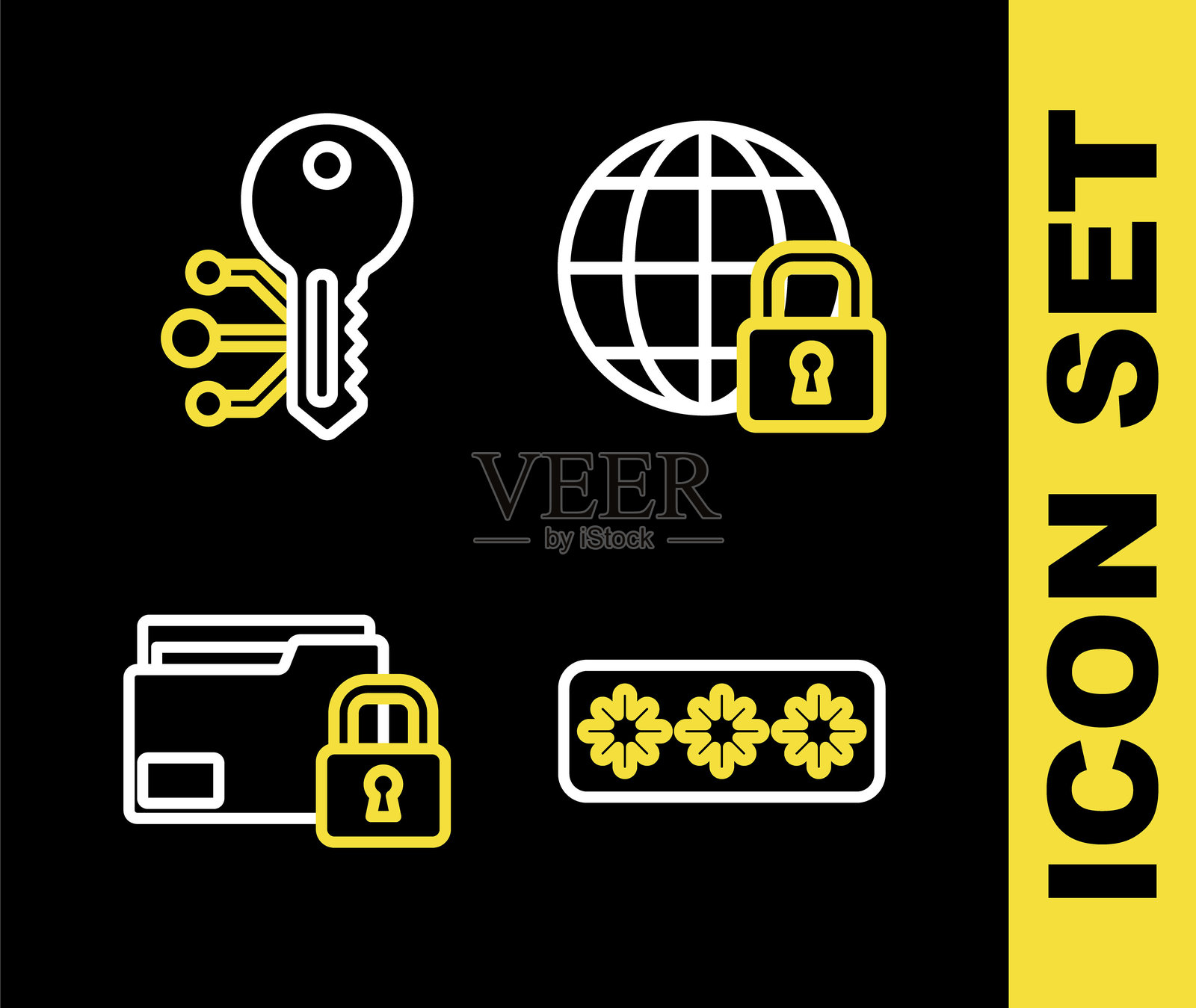 全球锁定、密码保护、文件夹和加密货币密钥图标。矢量图。插画图片素材