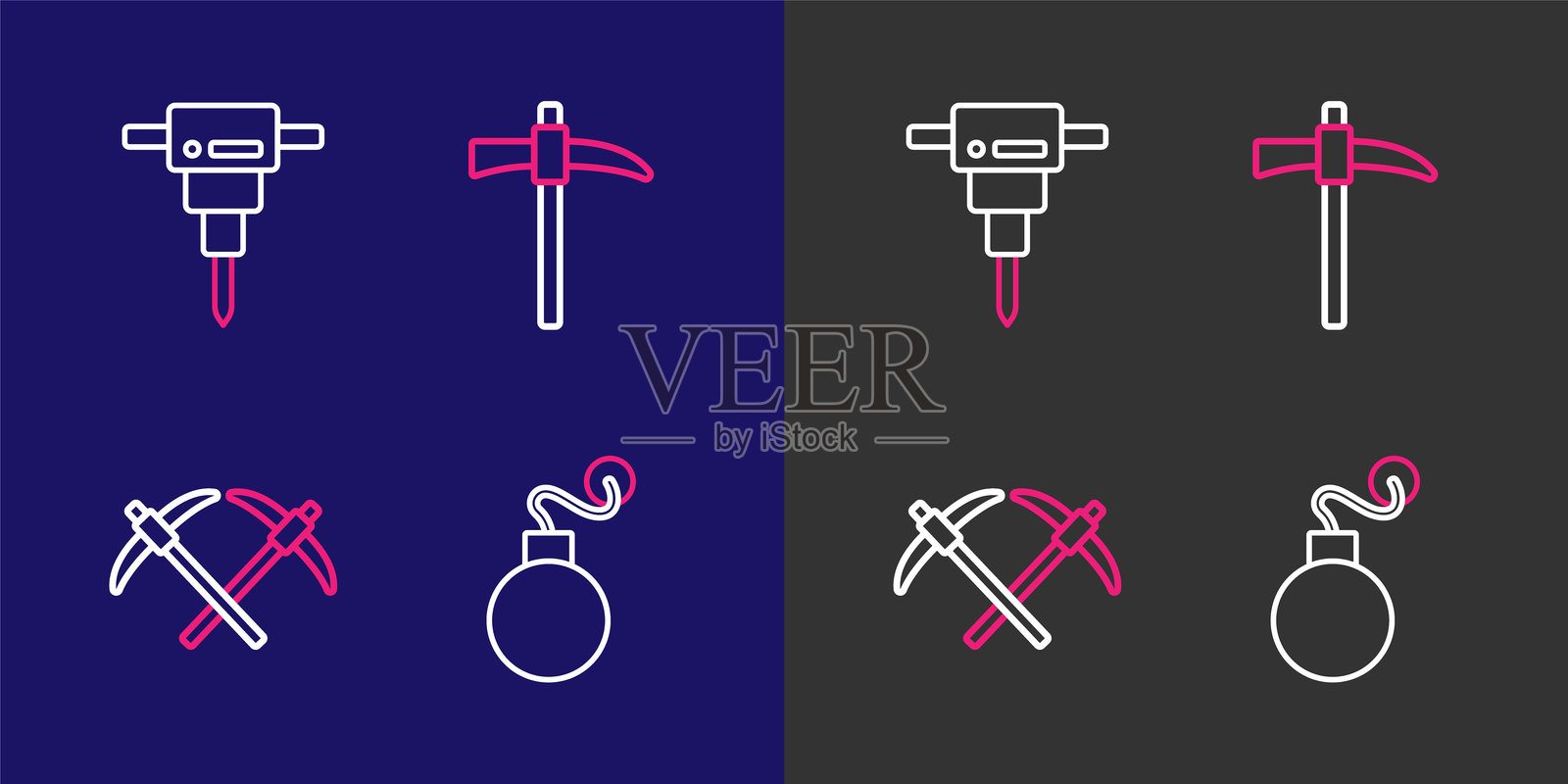 炸弹、镐和建筑电锤图标。矢量图。插画图片素材