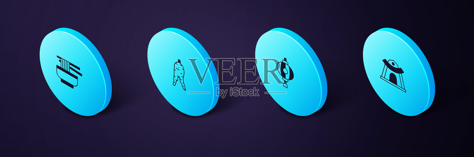 等距的韩国寺庙、灯笼、人参根和拉面图标。矢量图。插画图片素材