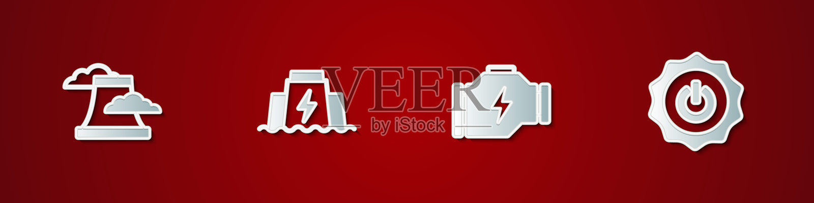 核电站、水电大坝、检查引擎和电源按钮图标。矢量图。插画图片素材