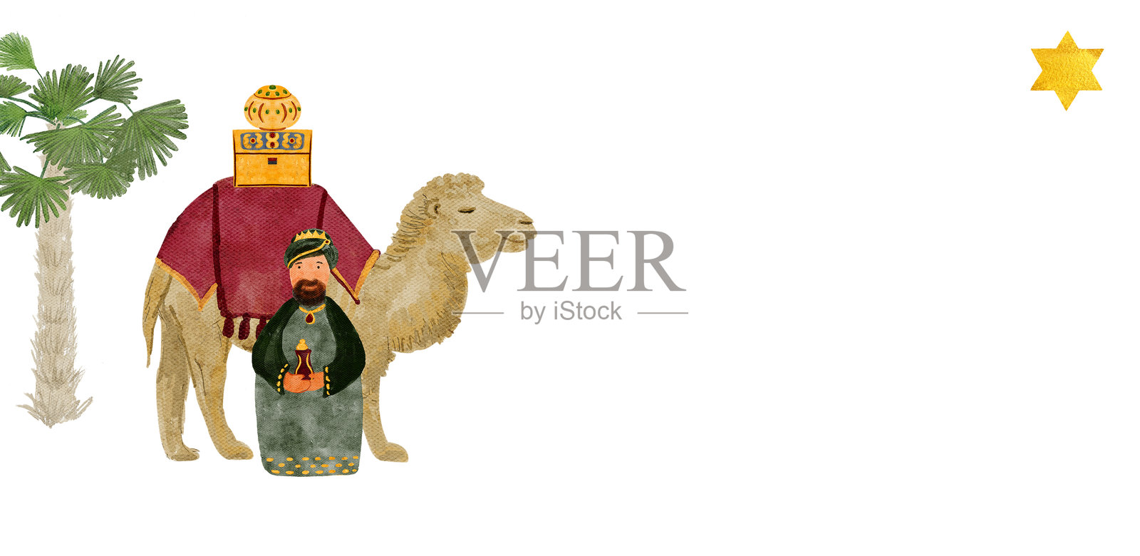 智者与骆驼，带着礼物、黄金、没药和乳香的圣诞水彩卡片。插画图片素材
