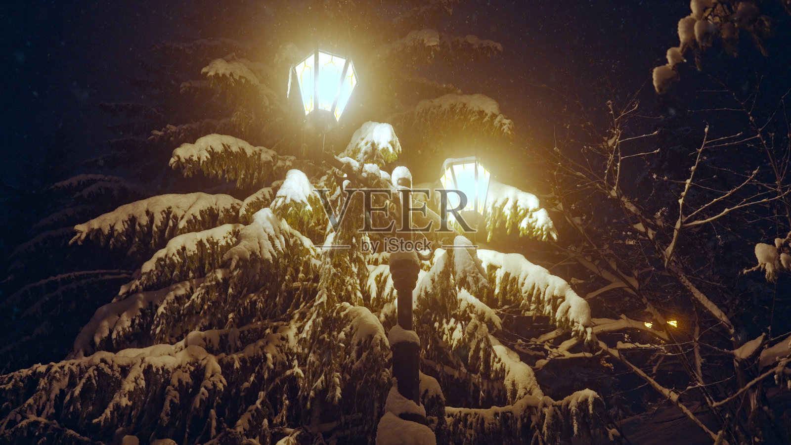 雪夜，路灯散发温暖的光芒，映照出宁静的冬季景色照片摄影图片