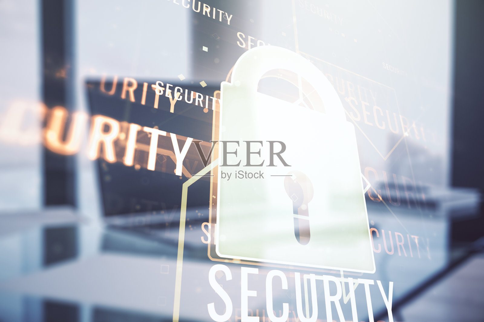 创意光锁插图，背景为现代计算机微电路，网络安全概念。多重曝光。照片摄影图片