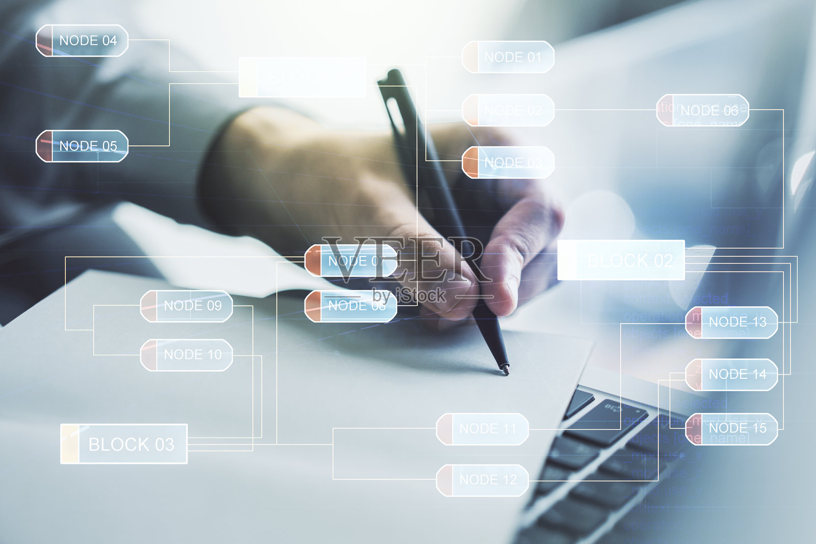 多重曝光的抽象图形编码草图，背景是手写日记和笔记本电脑，体现大数据和网络概念。照片摄影图片