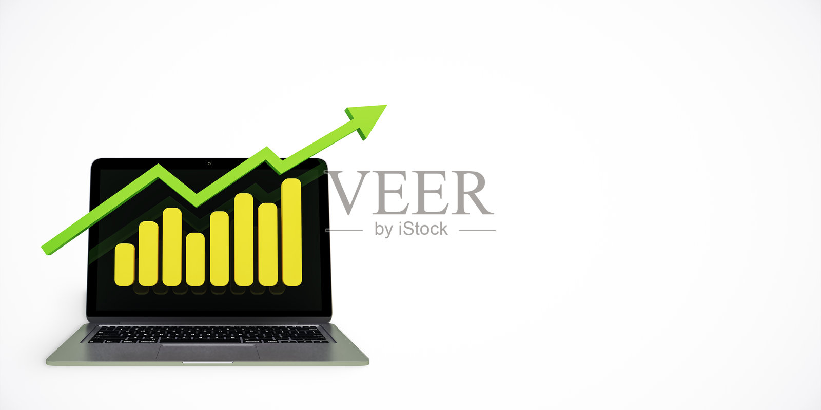 白色背景上的笔记本电脑屏幕，显示黄色柱状图和向上的绿色箭头。商业增长、成功和科技的概念。3D渲染。照片摄影图片