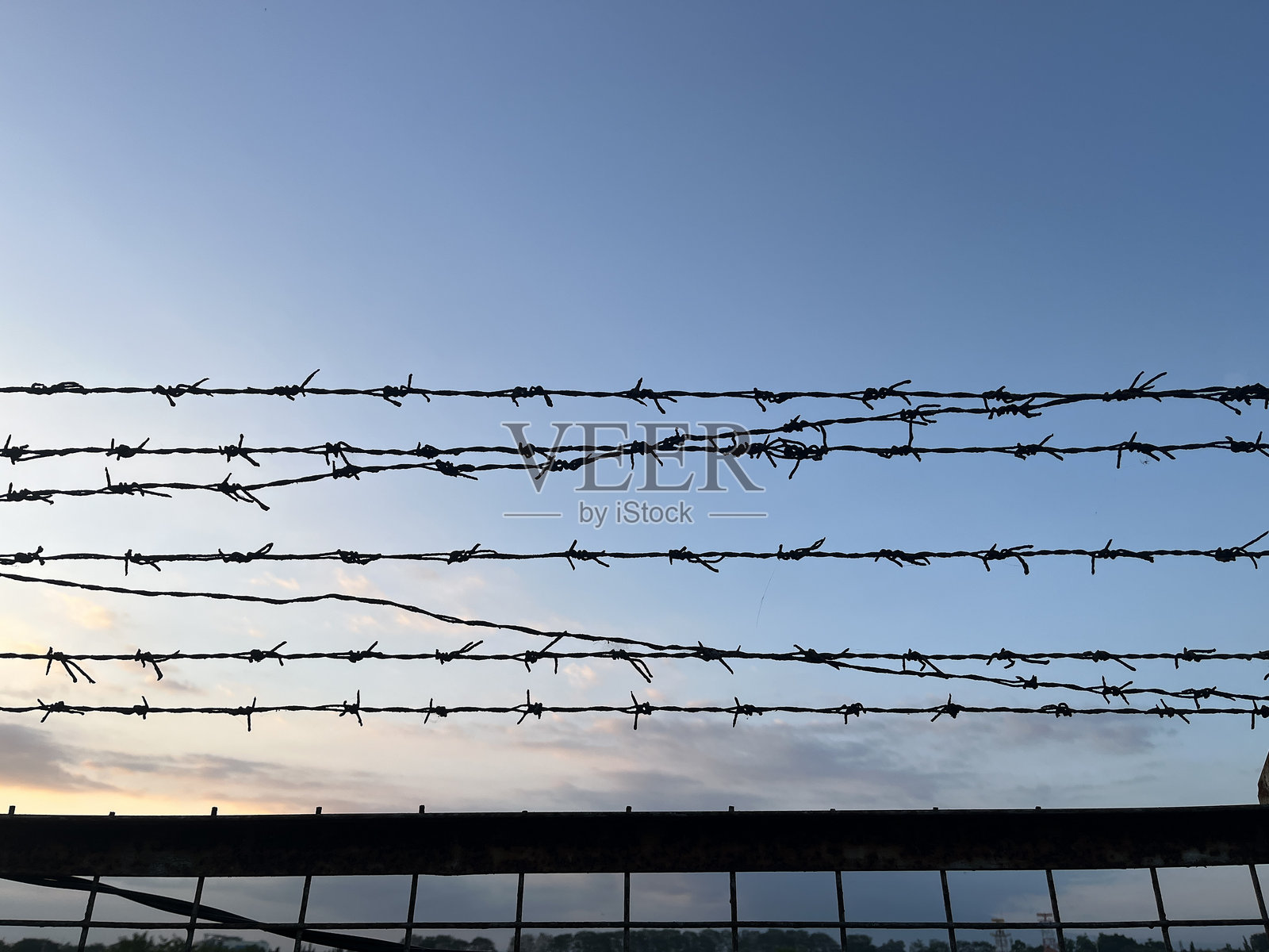 带刺铁丝网的围栏，草地和晴朗的蓝天照片摄影图片