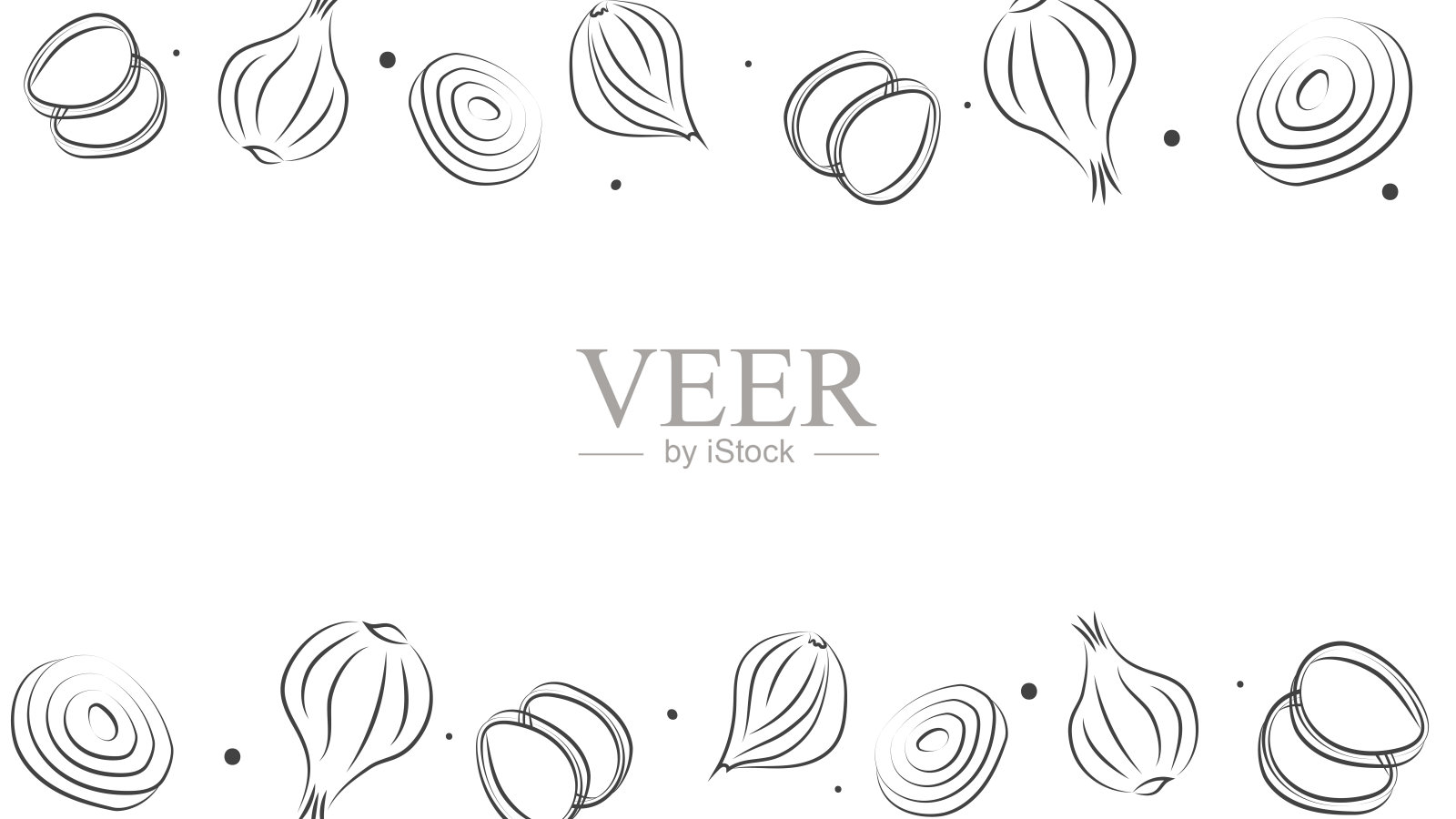 矢量插图。多汁的夏季背景，留有文本空间。洋葱的半边、切片和环的图案。素描风格。手绘厨房食材模板，适用于烹饪主题。插画图片素材