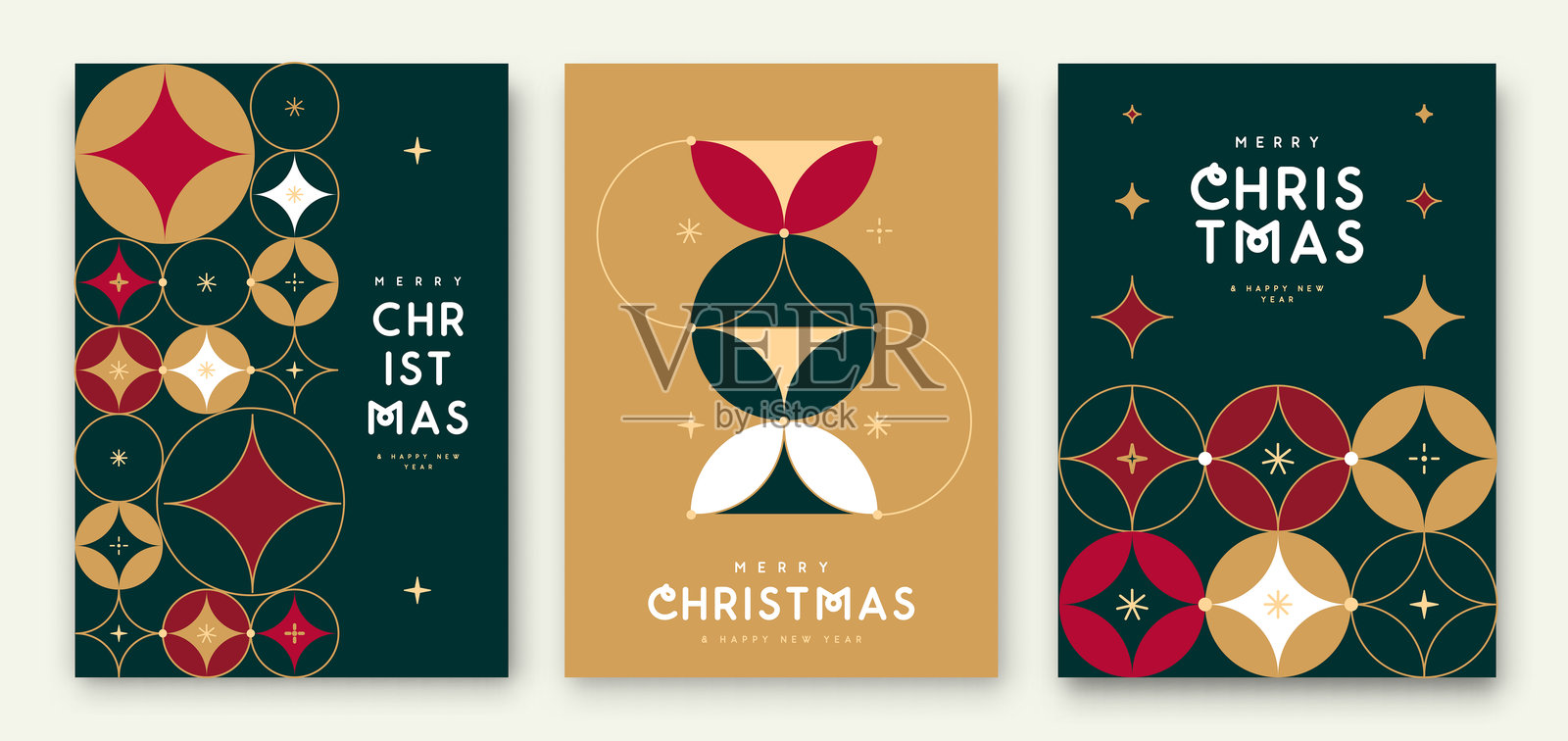 一组圣诞快乐和新年快乐的贺卡、封面或海报，带有节日图案。圣诞背景。扁平设计。矢量插图。插画图片素材