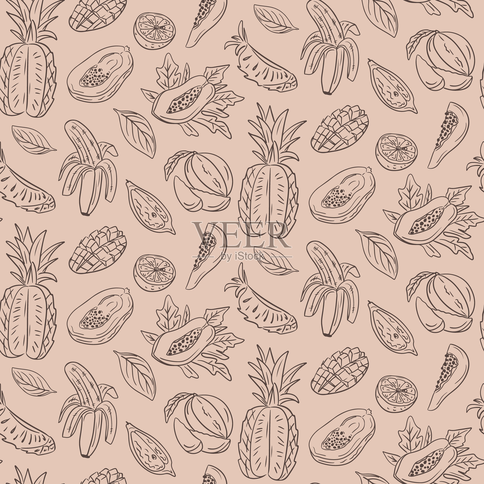 无缝热带水果图案与涂鸦水果插画图片素材