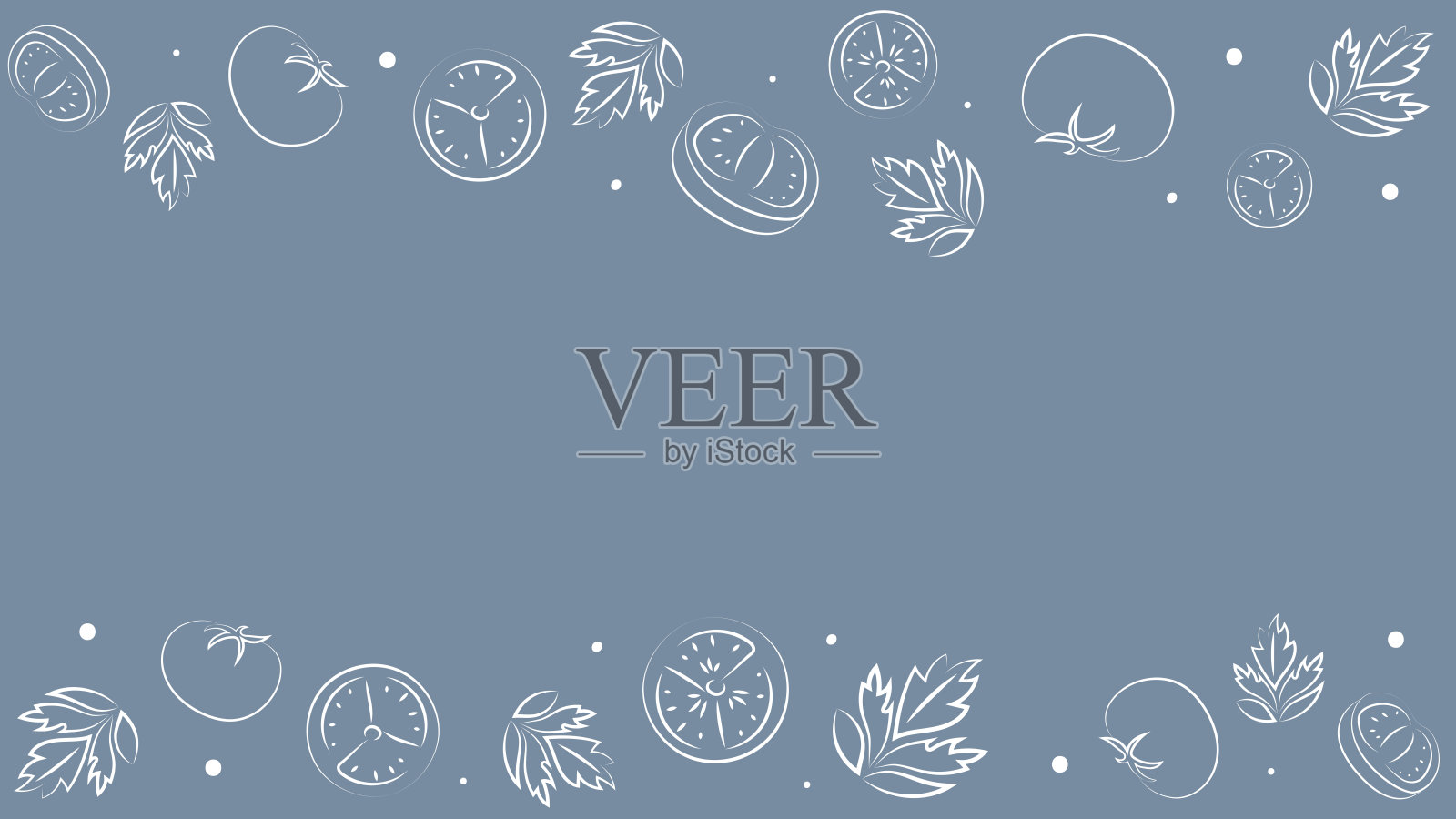 矢量插图。多汁的夏季背景，留有文本空白。番茄的半边、切片和叶子的图案。素描风格。手绘厨房食材图案，适用于烹饪主题。插画图片素材