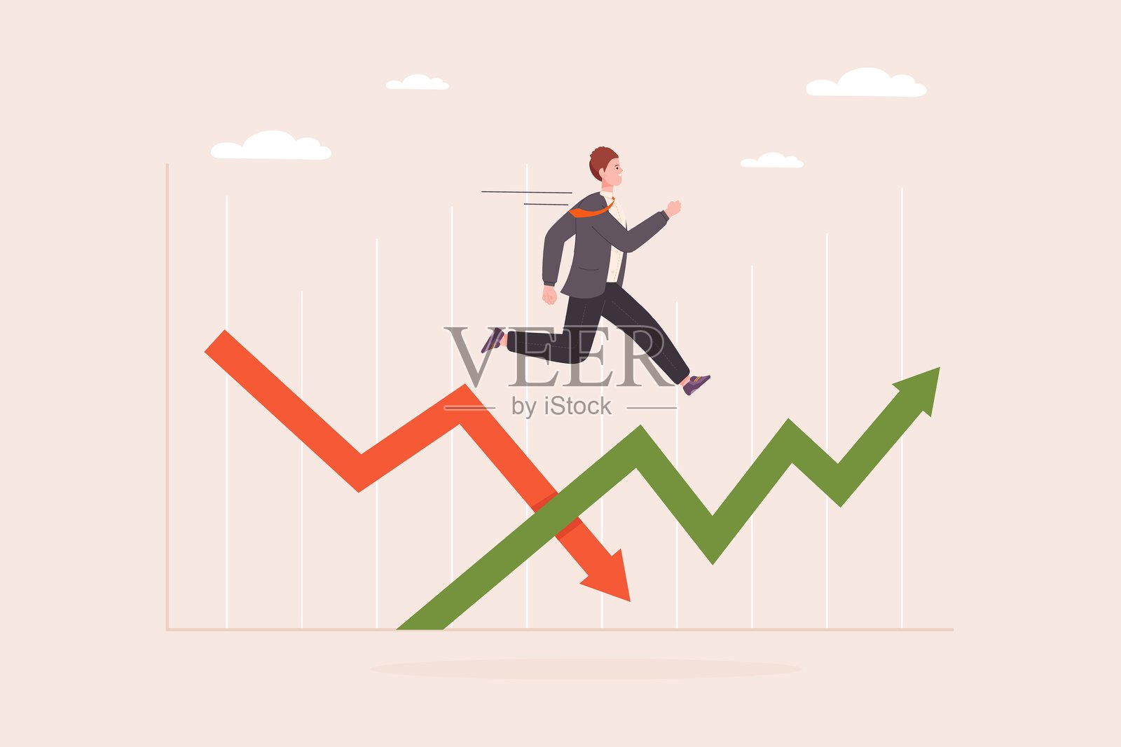 投资波动性。波动的股市概念，商人投资者跳跃于上下箭头之间，金融危机、价格下跌、经济增长风险、交易的矢量插图。插画图片素材