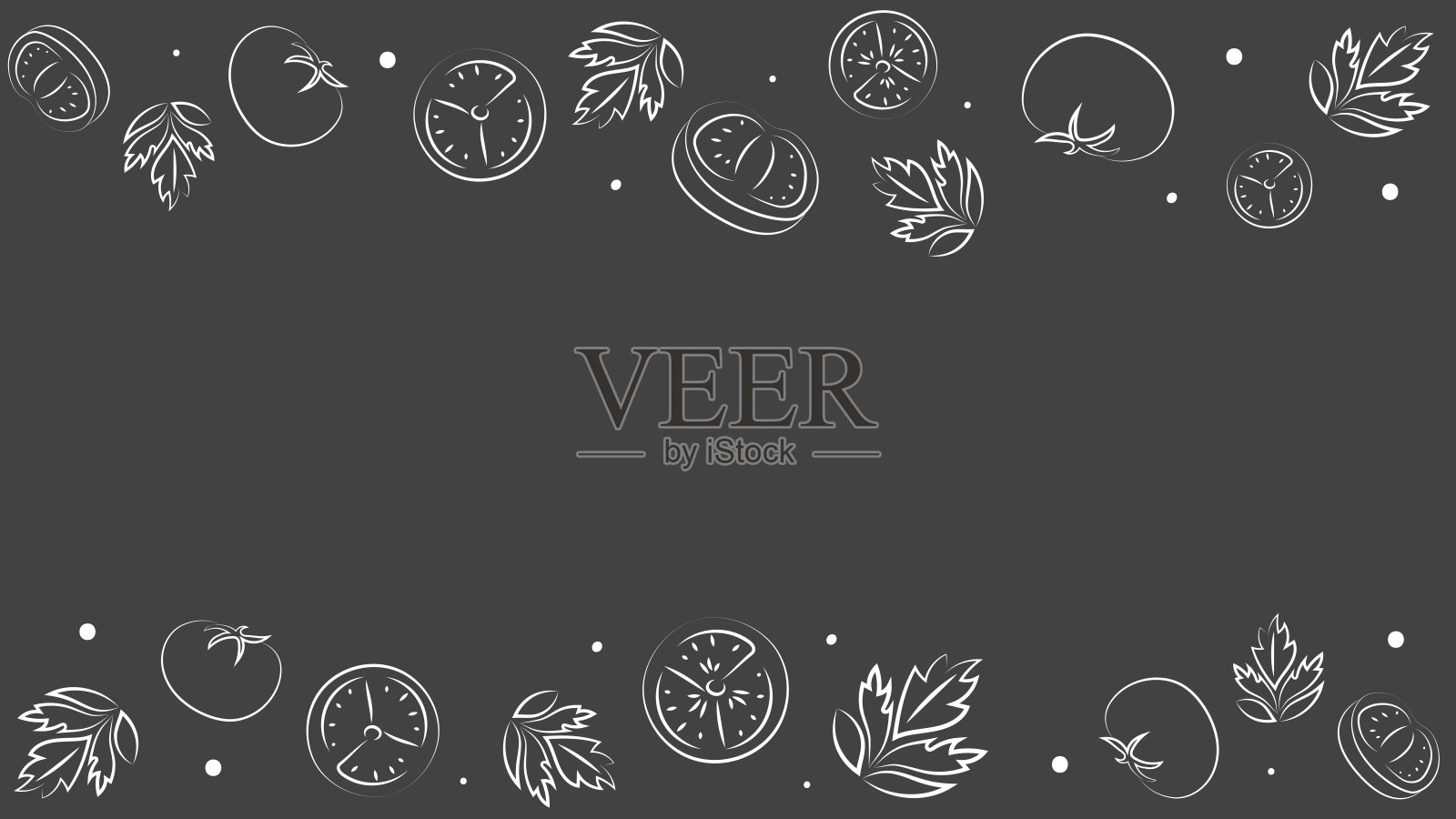 矢量插图。多汁的夏季背景，留有文本空白。番茄的半边、切片和叶子的图案。素描风格。手绘厨房食材图案，适用于烹饪主题。插画图片素材