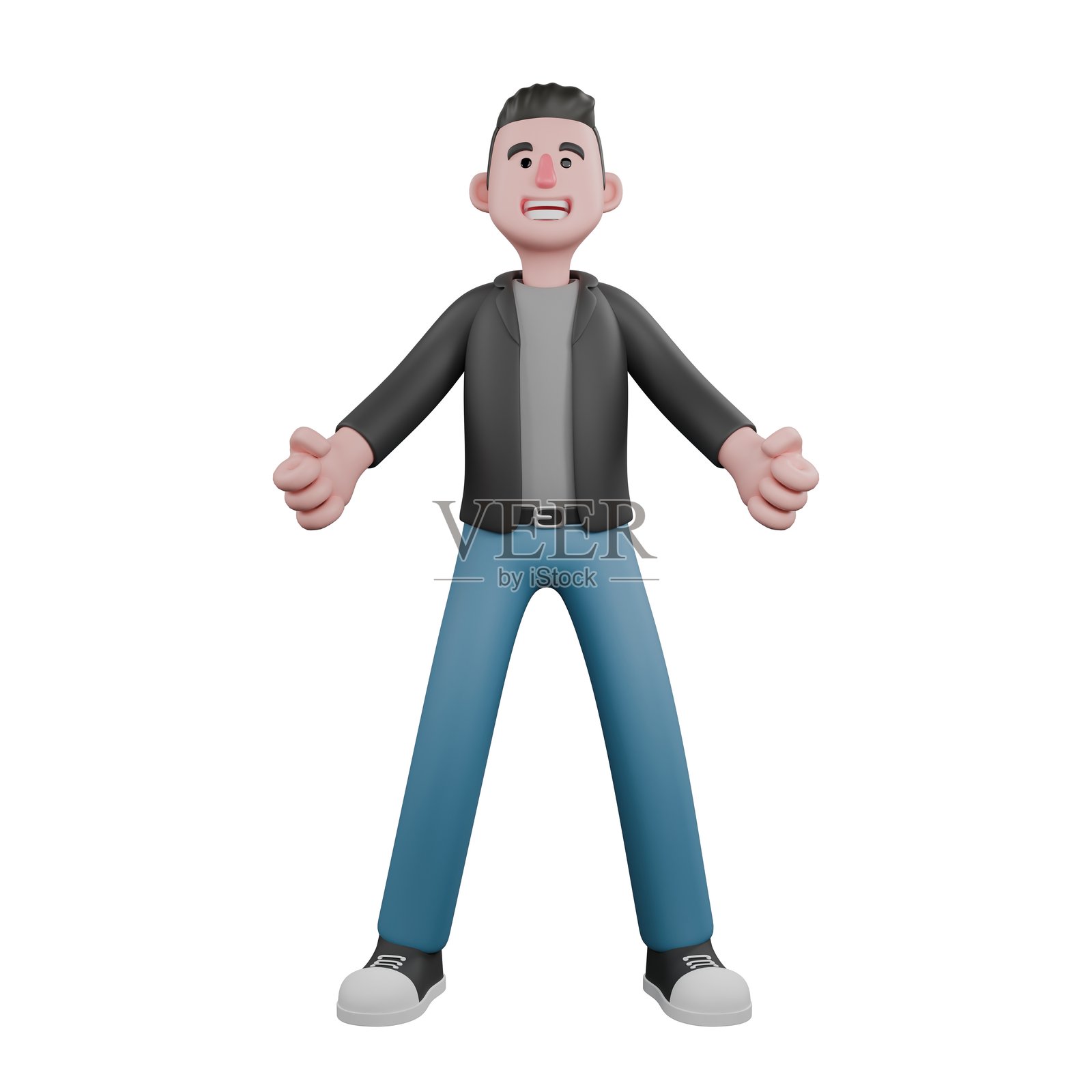 艺术风格的3D卡通编剧角色。一个男性编剧双手握紧，面带快乐的表情。模型设计照片摄影图片