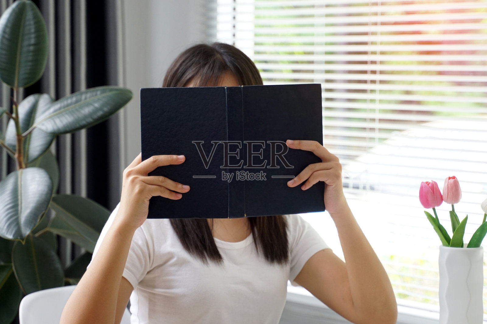 亚洲女性独自坐着阅读一本书，她抬起书本遮住了自己的脸。阅读、休闲、假日活动、生活方式和爱好的概念。照片摄影图片