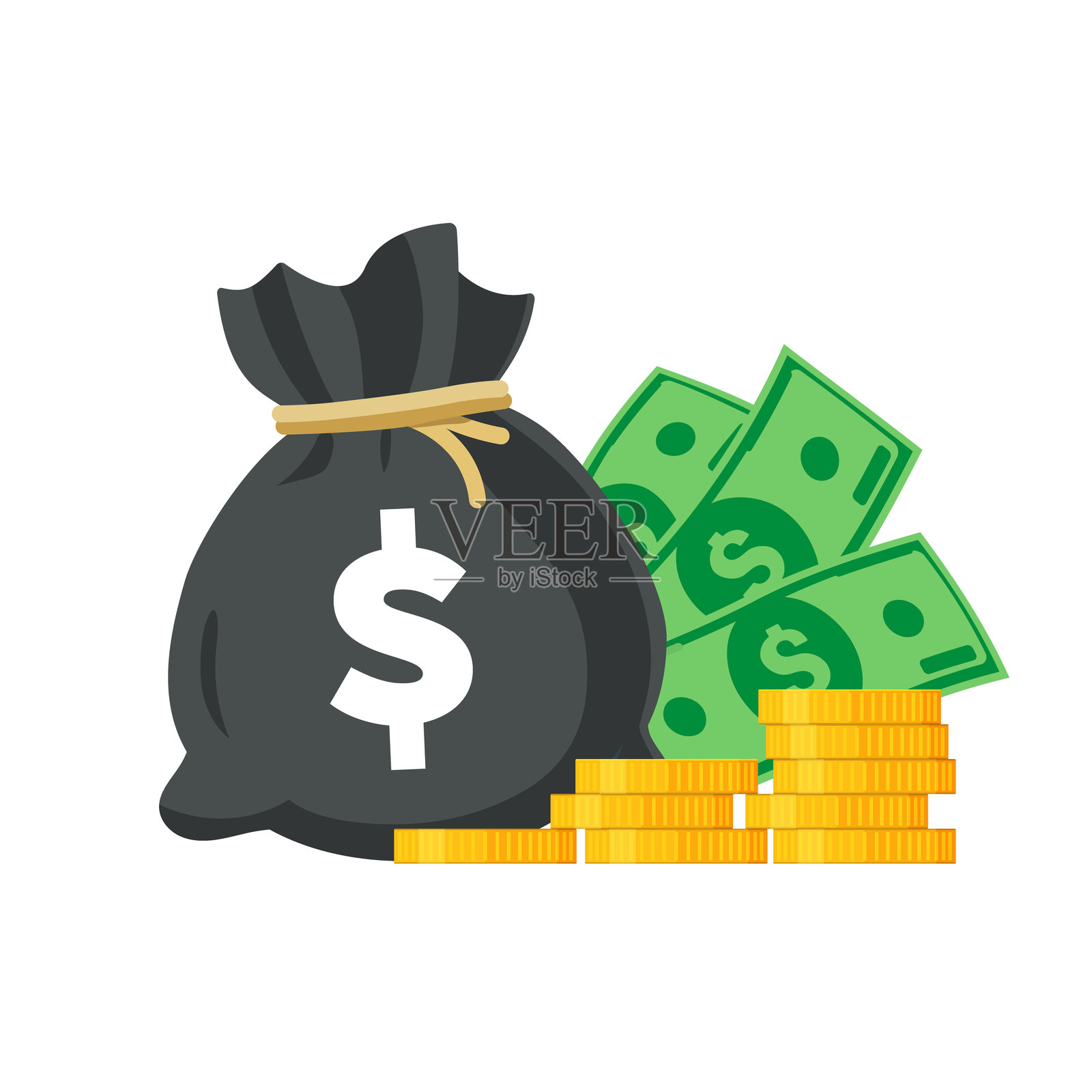 装满金币和美元钞票的钱袋。矢量图，背景为白色。插画图片素材
