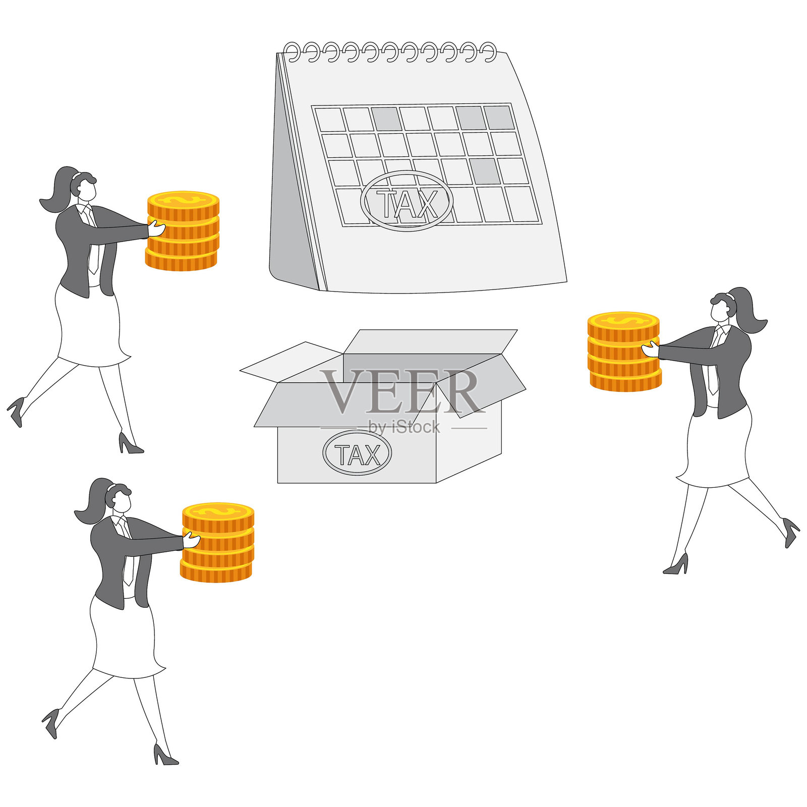 税务季节，个人所得税，税款支付截止日期，财务和税务规划，财务管理与分析等。一群商界女性与金币一起走过一个巨大的日历。插画图片素材